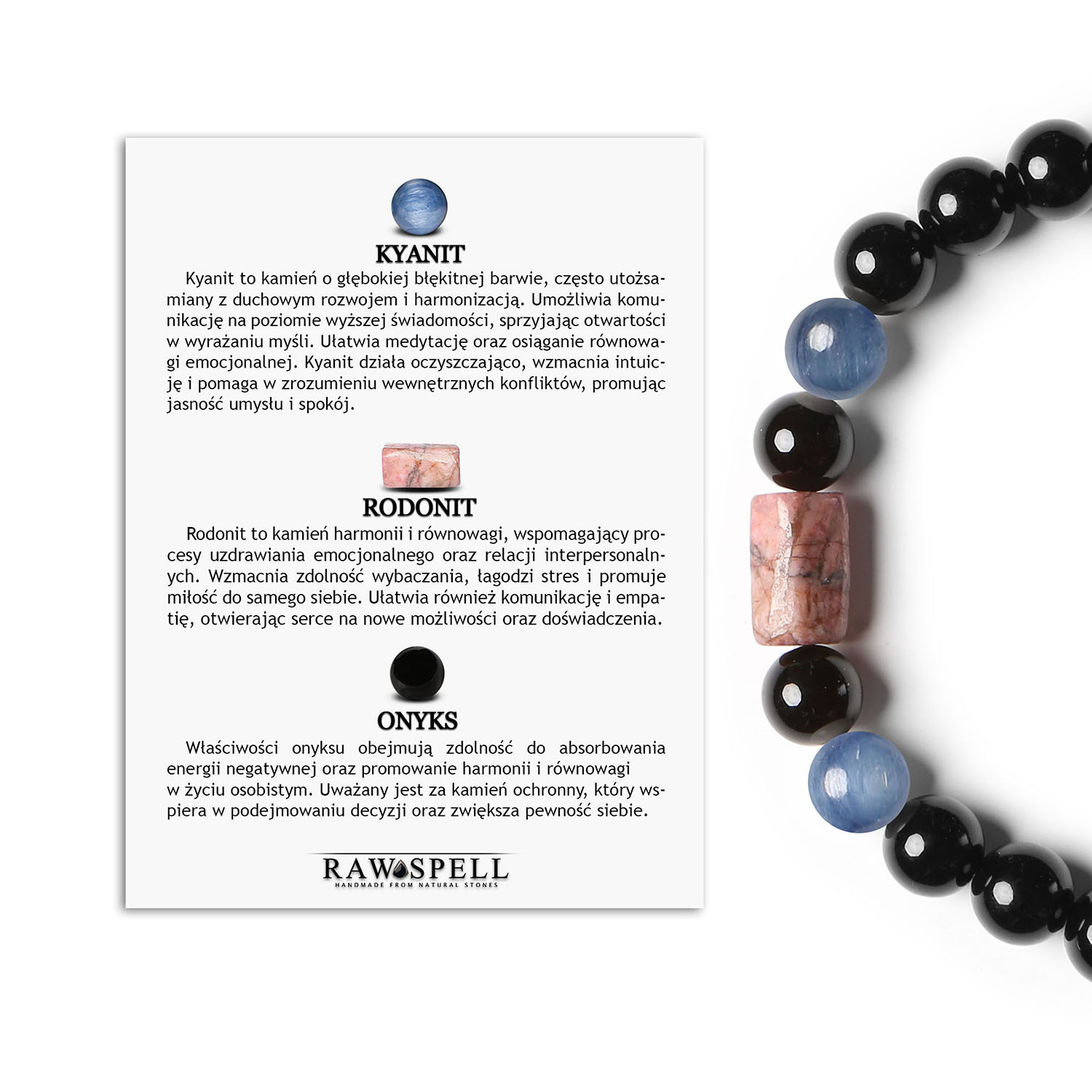 Kolekcja Laeri - bransoletka na gumce z kyanitem, rodonitem i onyksem odpowiednia dla kobiet i mężczyzn Bransoletka Laeri z naturalnymi kamieniami: kyanitem, rodonitem i onyksem, idealna dla kobiet i mężczyzn.