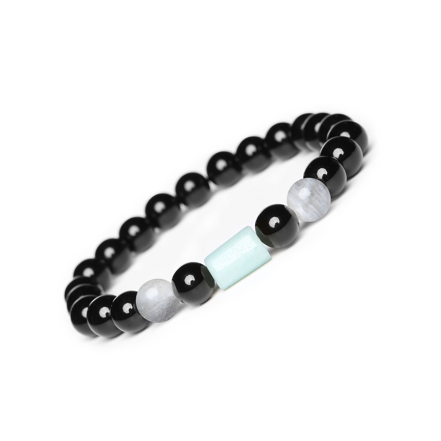 Kolekcja Laeri bransoletka na gumce z labradorytem, amazonitem i onyksiem idealna dla kobiet i mężczyzn Stylowa bransoletka Laeri wykonana z labradorytu, amazonitu i onyksu, doskonała biżuteria unisex.