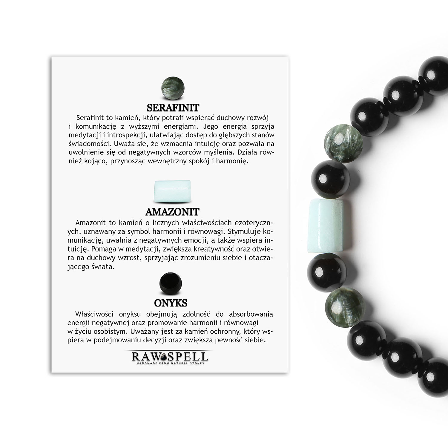 Kolekcja Laeri bransoletka na gumce z serafinitu, amazonitu i onyksu, idealna dla kobiet i mężczyzn Bransoletka Laeri wykonana z serafinitu, amazonitu i onyksu. Stylowy dodatek dla kobiet i mężczyzn.