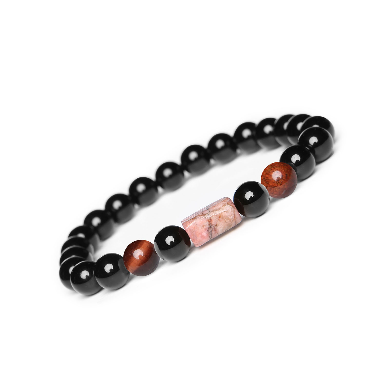 Kolekcja Laeri bransoletka na sznurku z Bawolim Okiem, różowym rodonitem i onyksami, idealna dla kobiet i mężczyzn Bransoletka Laeri z naturalnymi kamieniami: Bawole Oko, różowy Rodonit i Onyks, idealna dla kobiet i mężczyzn.