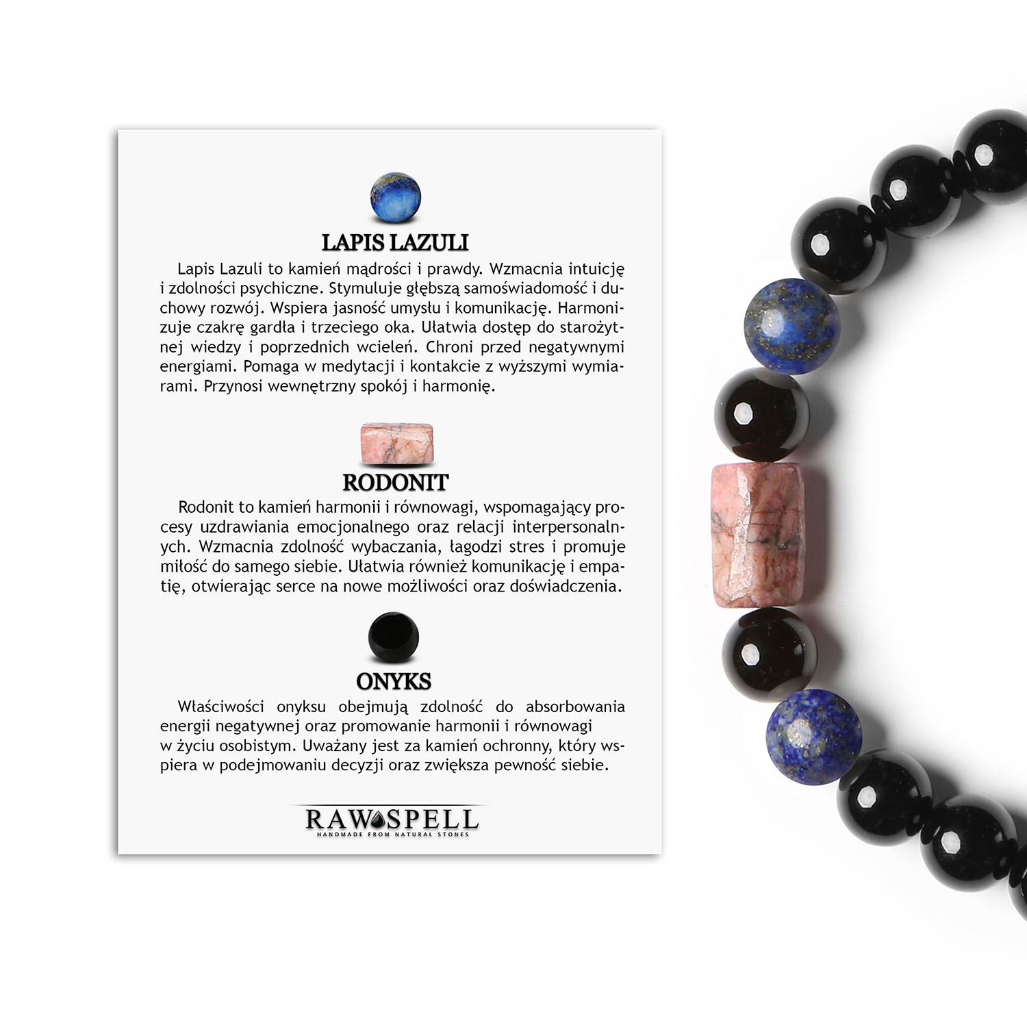 Kolekcja Laeri - bransoletka na sznurku z Lapis Lazuli, rodonitem w kolorze różowym oraz onyksami, uniwersalna dla kobiet i mężczyzn Bransoletka z kolekcji Laeri z Lapis Lazuli, różowym Rodonitem i Onyksu – elegancki wybór dla kobiet i mężczyzn.