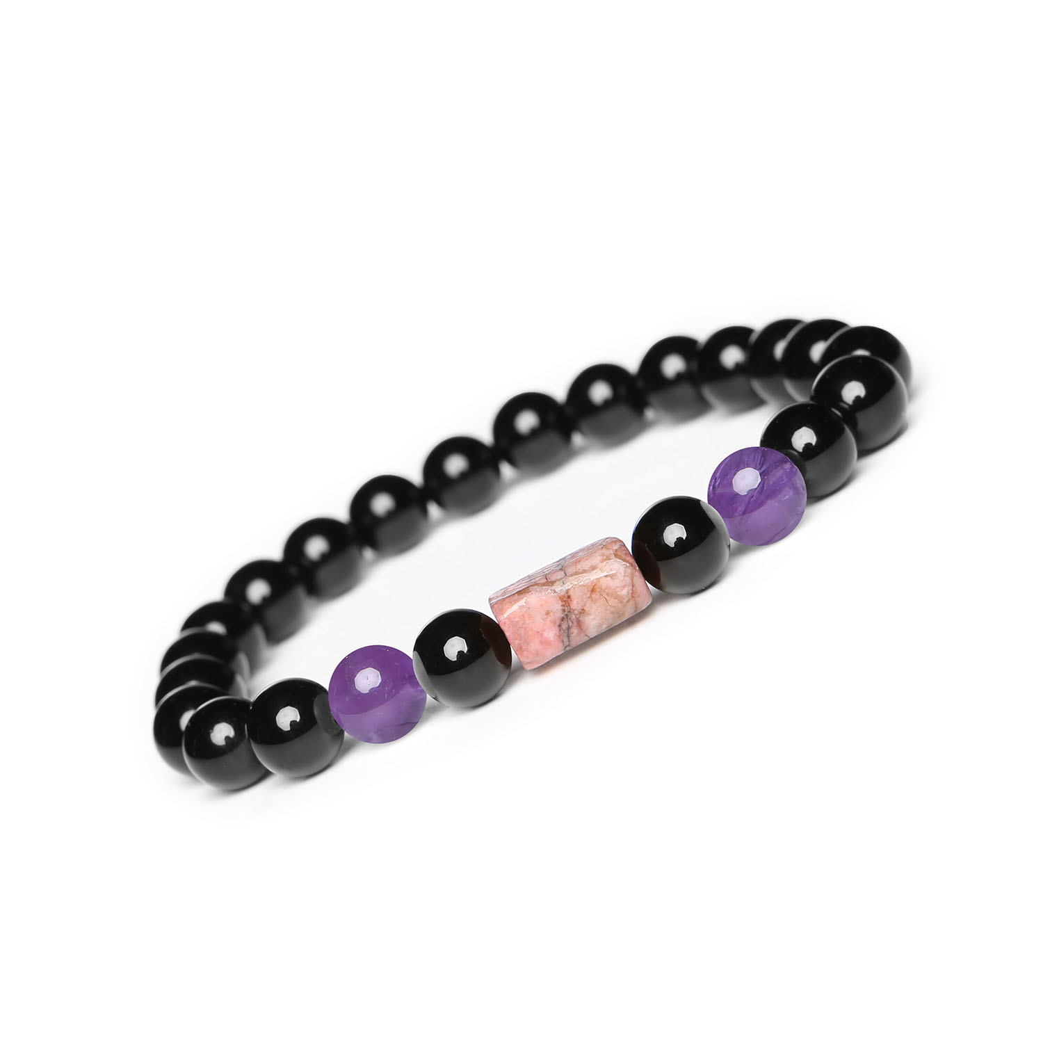 Kolekcja Laeri bransoletka na sznurku z ametystem, różowym rodonitem i onyksem, idealna dla kobiet i mężczyzn Bransoletka Laeri z naturalnymi minerałami: ametyst, różowy rodonit i onyks. Doskonała biżuteria dla kobiet i mężczyzn.