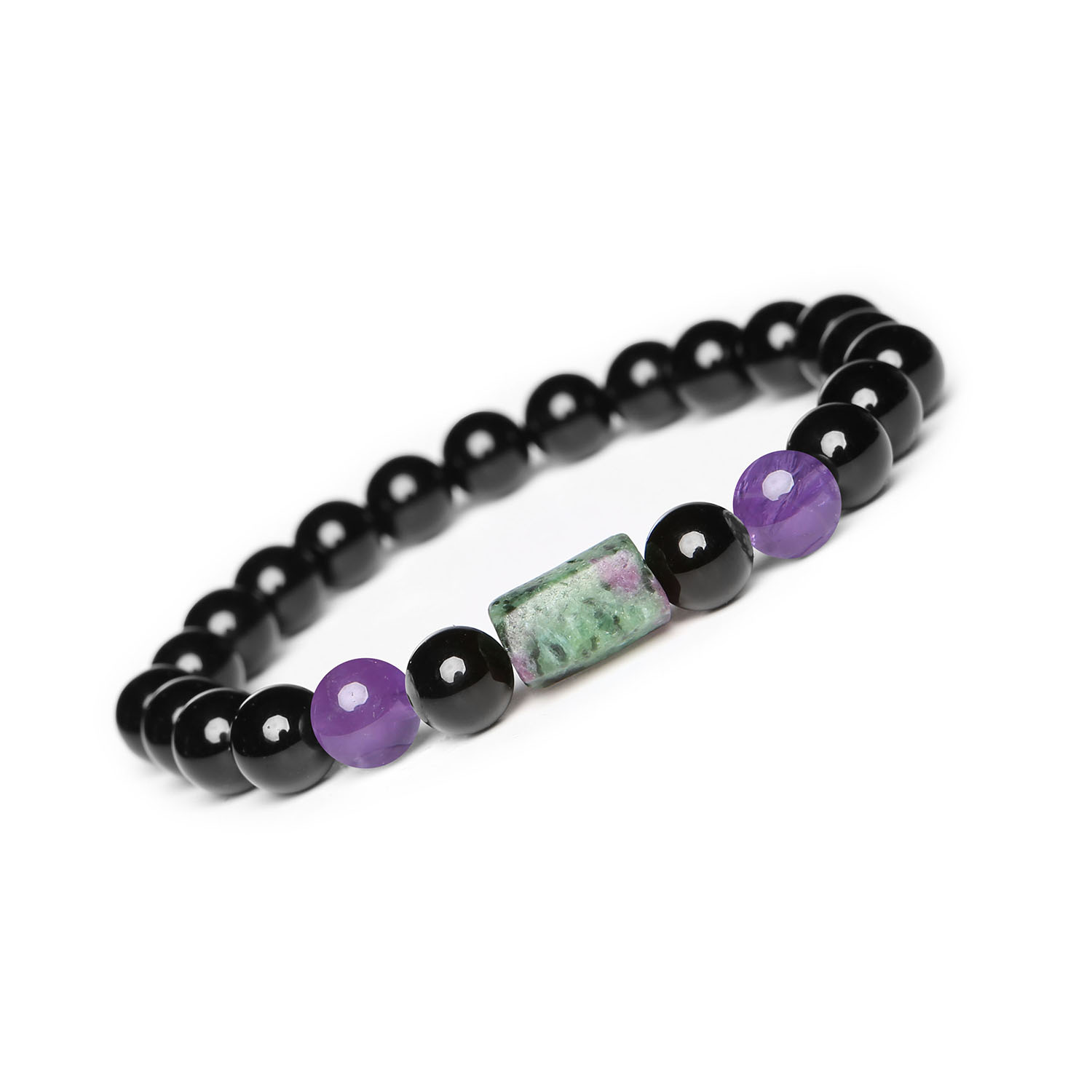 Kolekcja Laeri bransoletka na sznurku z ametystem, zoisyt z rubinem i onyksami, idealna dla kobiet i mężczyzn Bransoletka z kolekcji Laeri, wzbogacona o kamienie naturalne - ametyst, zoisyt z rubinem oraz onyks, stworzona dla kobiet i mężczyzn.