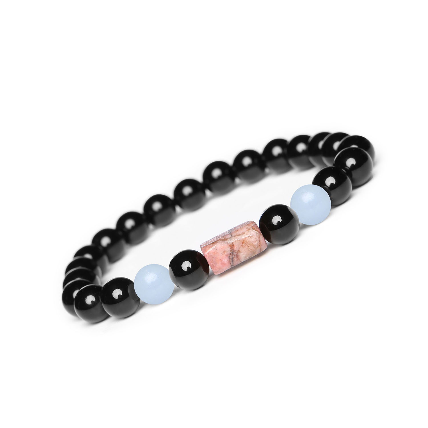 Kolekcja Laeri bransoletka na sznurku z angelitem peruńskim, różowym rodonitem i onyksami, idealna dla kobiet i mężczyzn Stylowa bransoletka Laeri z kamieniami naturalnymi: Angelit, Rodonit w kolorze różowym oraz Onyks, unisex dla każdego.