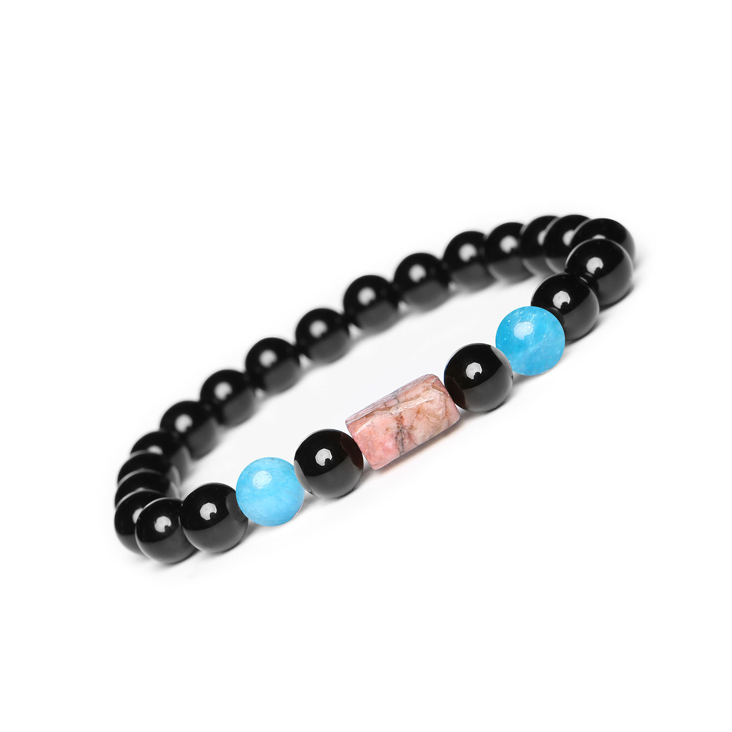 Kolekcja Laeri - bransoletka na sznurku z apatytem, różowym rodonitem i onyksami, przeznaczona dla kobiet i mężczyzn Elegancka bransoletka z kolekcji Laeri wykonana z apatytu, różowego rodonitu i onyksu, dedykowana dla kobiet i mężczyzn.