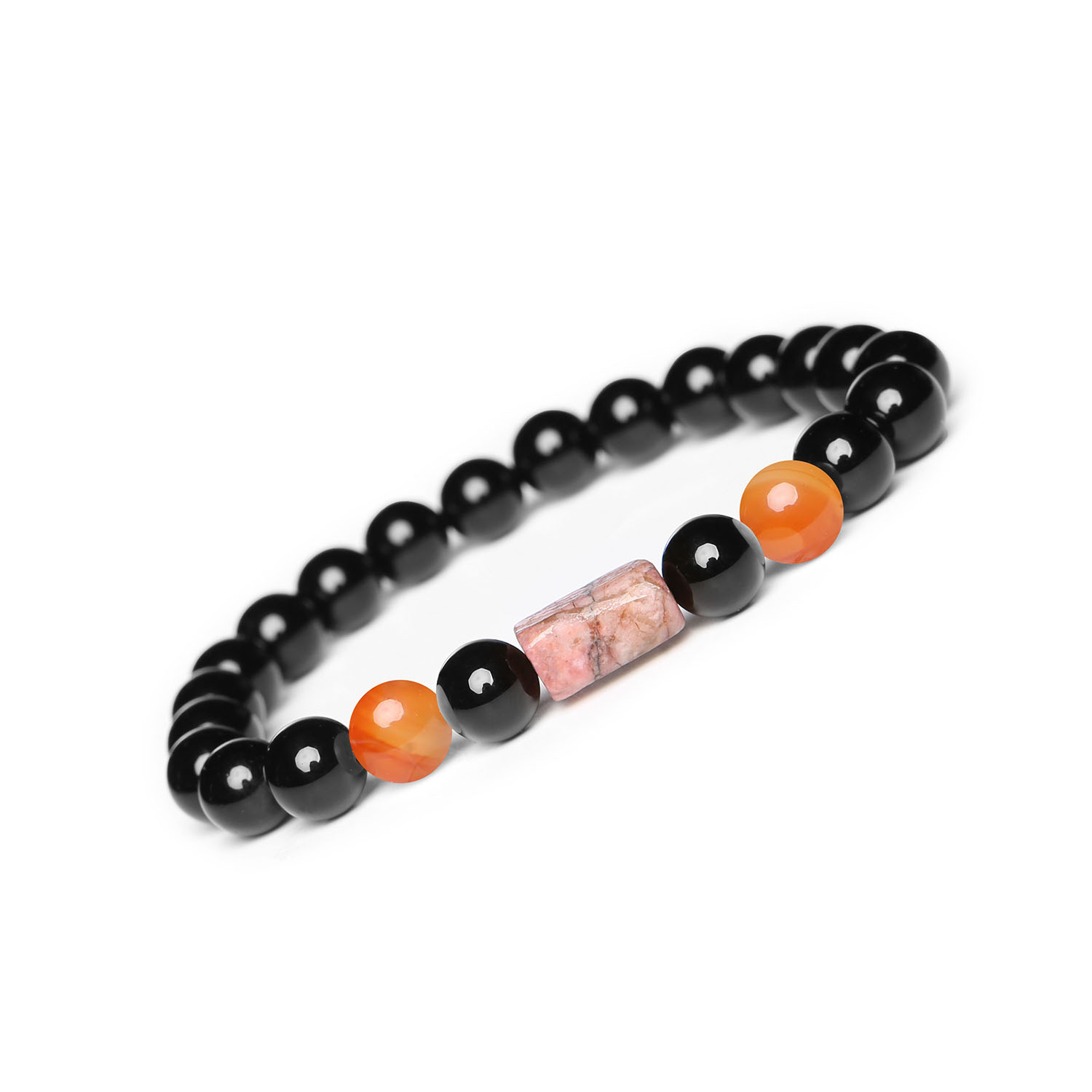 Kolekcja Laeri bransoletka na sznurku z karneolem, różowym rodonitem i onyksu, idealna dla wszystkich Elegancka bransoletka z kolekcji Laeri, zawierająca kamienie naturalne: karneol, różowy rodonit oraz onyks, dla kobiet i mężczyzn.