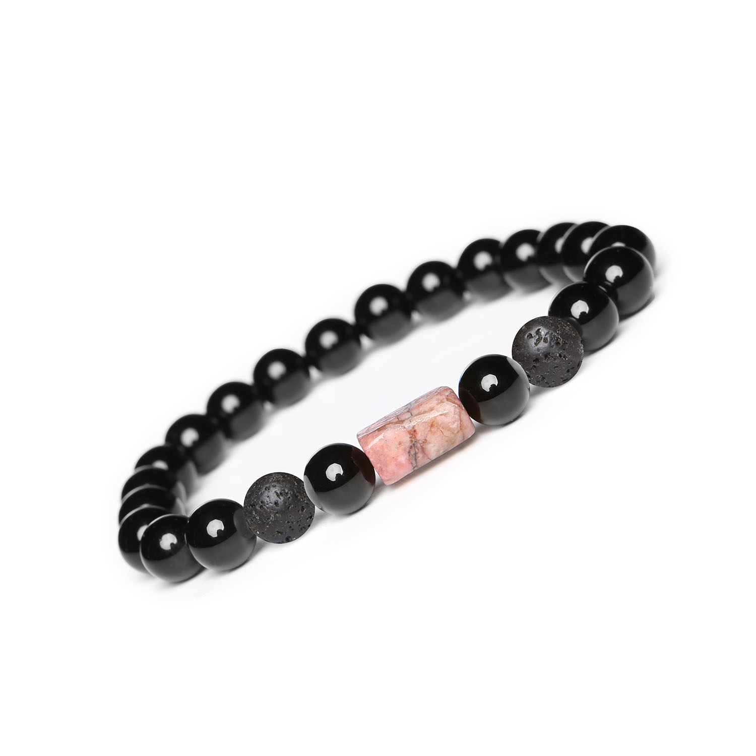 Kolekcja Laeri bransoletka na sznurku z lawą wulkaniczną, rodonitem w kolorze różowym i onyksami dla wszystkich Stylowa bransoletka Laeri z kamieniami naturalnymi, w tym lawa wulkaniczna, różowy rodonit i onyks, doskonała dla każdej płci.