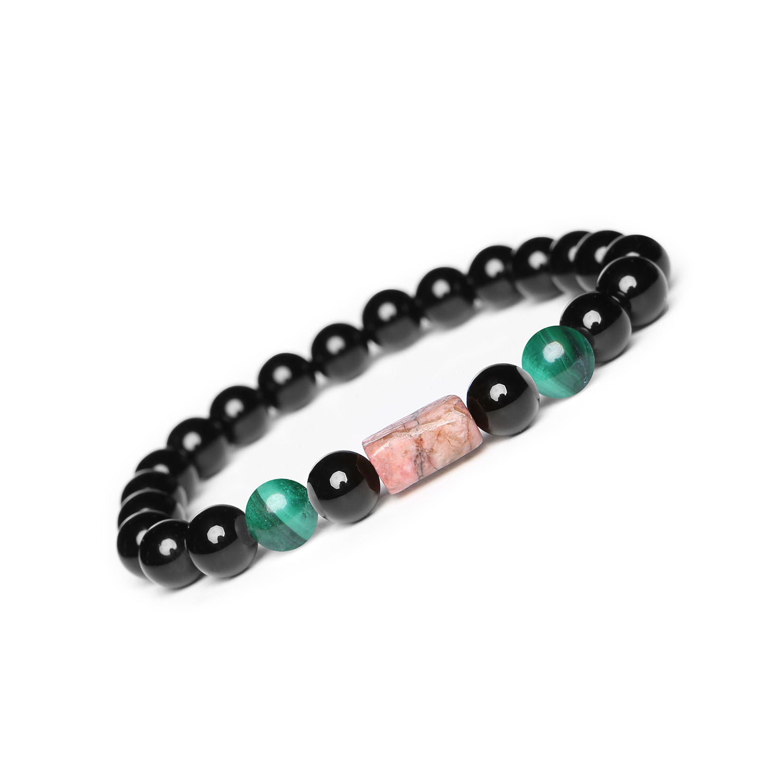 Kolekcja Laeri - bransoletka na sznurku z malachitem, różowym rodonitem i onyksami, stworzona z myślą o kobietach i mężczyznach Stylowa bransoletka z kolekcji Laeri, wykonana z malachitu, rodonitu w kolorze różowym i onyksu – idealna dla każdego.