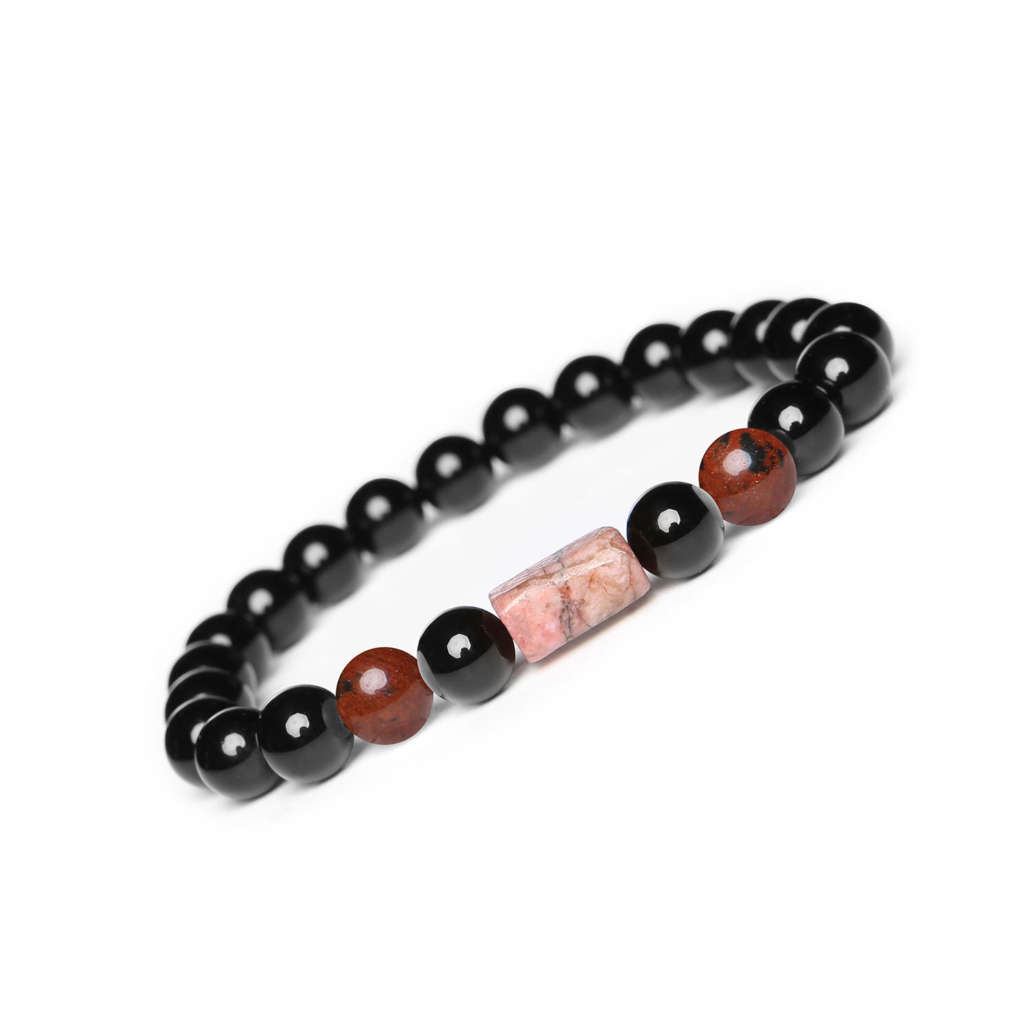 Kolekcja Laeri bransoletka na sznurku z obsydianem brązowym, rodonitem różowym i onyksowym akcentem, idealna dla kobiet i mężczy Elegancka bransoletka z kolekcji Laeri, zawierająca brązowy obsydian, różowy rodonit i onyks, idealna dla kobiet i mężczyzn.