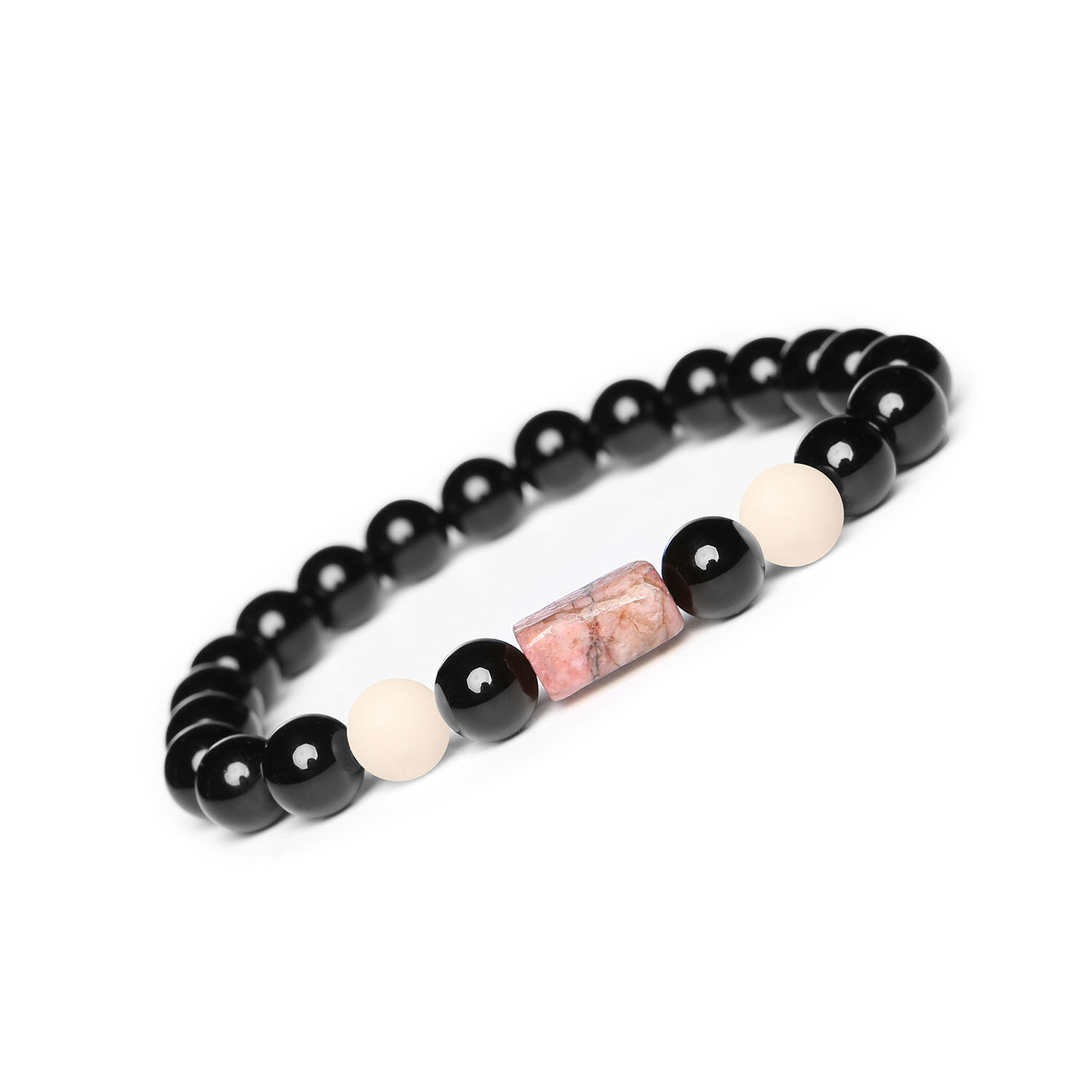 Kolekcja Laeri bransoletka na sznurku z różowym rodonitem i kamieniem rzecznym oraz onyksami, uniwersalna dla kobiet i mężczyzn Bransoletka Laeri z kamieniami naturalnymi: różowy rodonit i onyks, uniwersalny dodatek dla kobiet i mężczyzn.