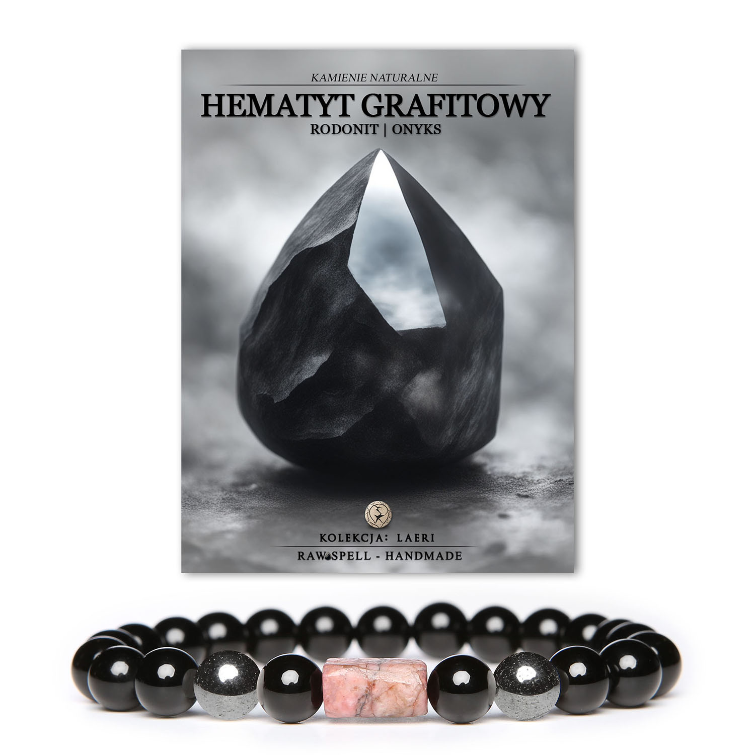 Stylowa bransoletka z kolekcji Laeri, łącząca naturalne kamienie: hematyt grafitowy, różowy rodonit i onyks - unisex.