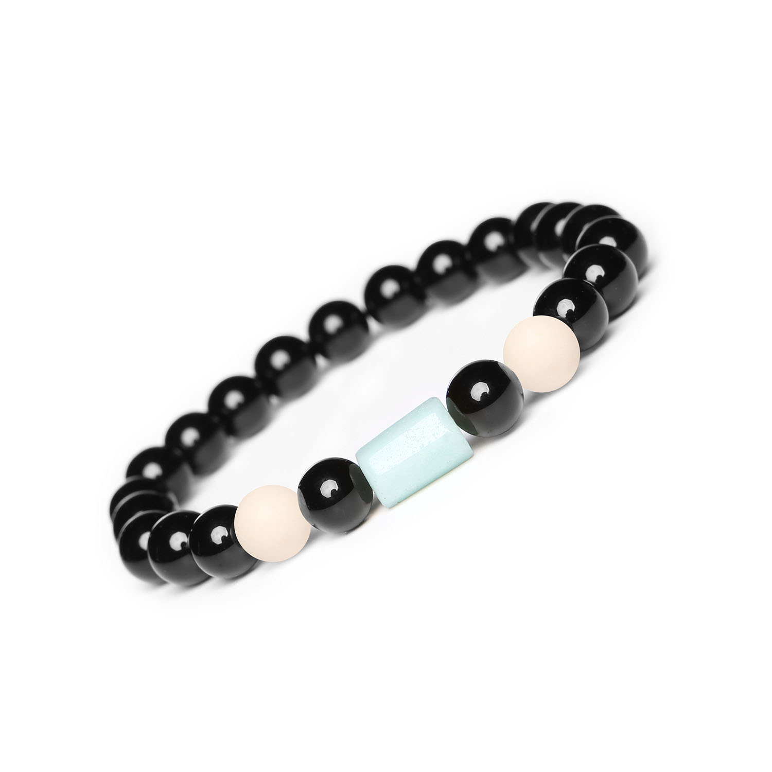 Kolekcja Laeri – bransoletka na gumce z kamieniem rzecznym oraz amazonitem i onyksami, dla kobiet i mężczyzn Elegancka bransoletka Laeri z kamieni naturalnych - kamień rzeczny, amazonit, onyks, odpowiednia dla obu płci.