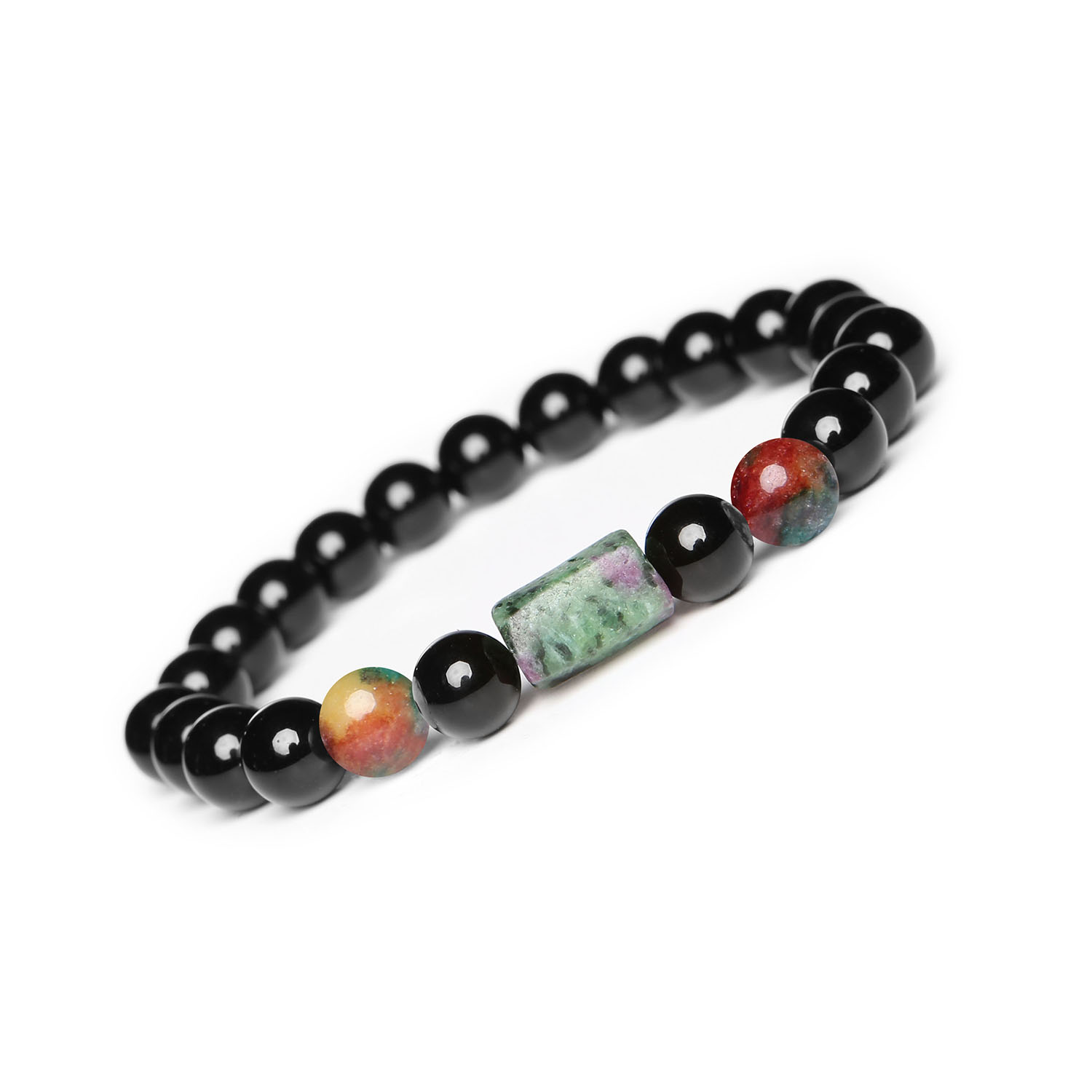 Kolekcjonerska bransoletka Laeri na gumce z agatami, zoisytem z rubinem i onyksami, idealna dla kobiet i mężczyzn Bransoletka z efektownym połączeniem agat, zoisyt z rubinem i onyks na elastycznej gumce – unikalna propozycja dla kobiet i mężczyzn.