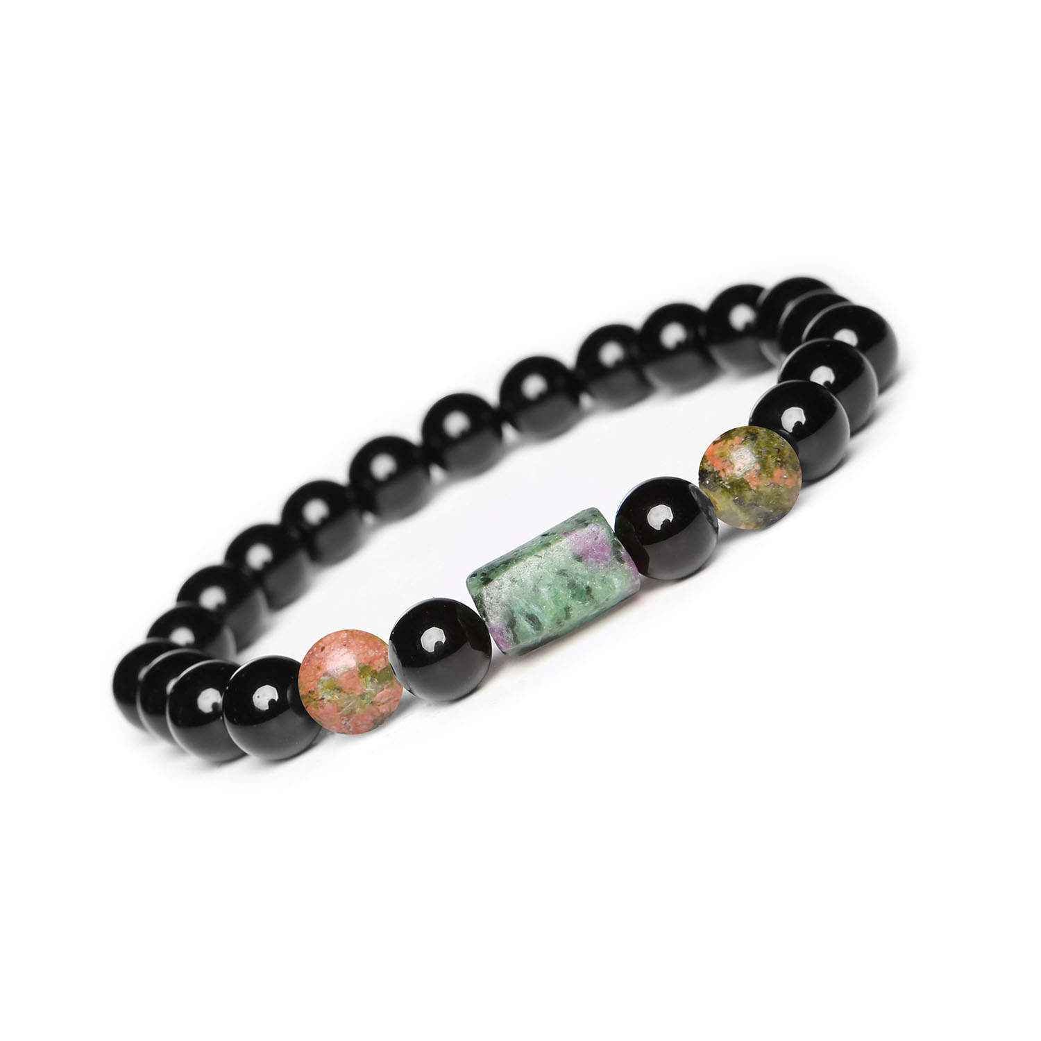 Kolekcjonerska bransoletka Laeri w unikalnych kamieniach Unakit, Zoisyt z Rubinem i Onyks Bransoletka Laeri z kolekcji Dla Kobiet i Mężczyzn, wykonana z naturalnych kamieni: unakit, zoisyt z rubinem i onyks.