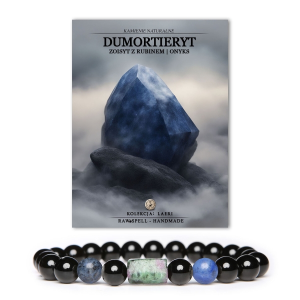 Stylowa bransoletka Laeri z dumortierytem oraz zoisytami z rubinem i onyksem, doskonała dla obu płci.