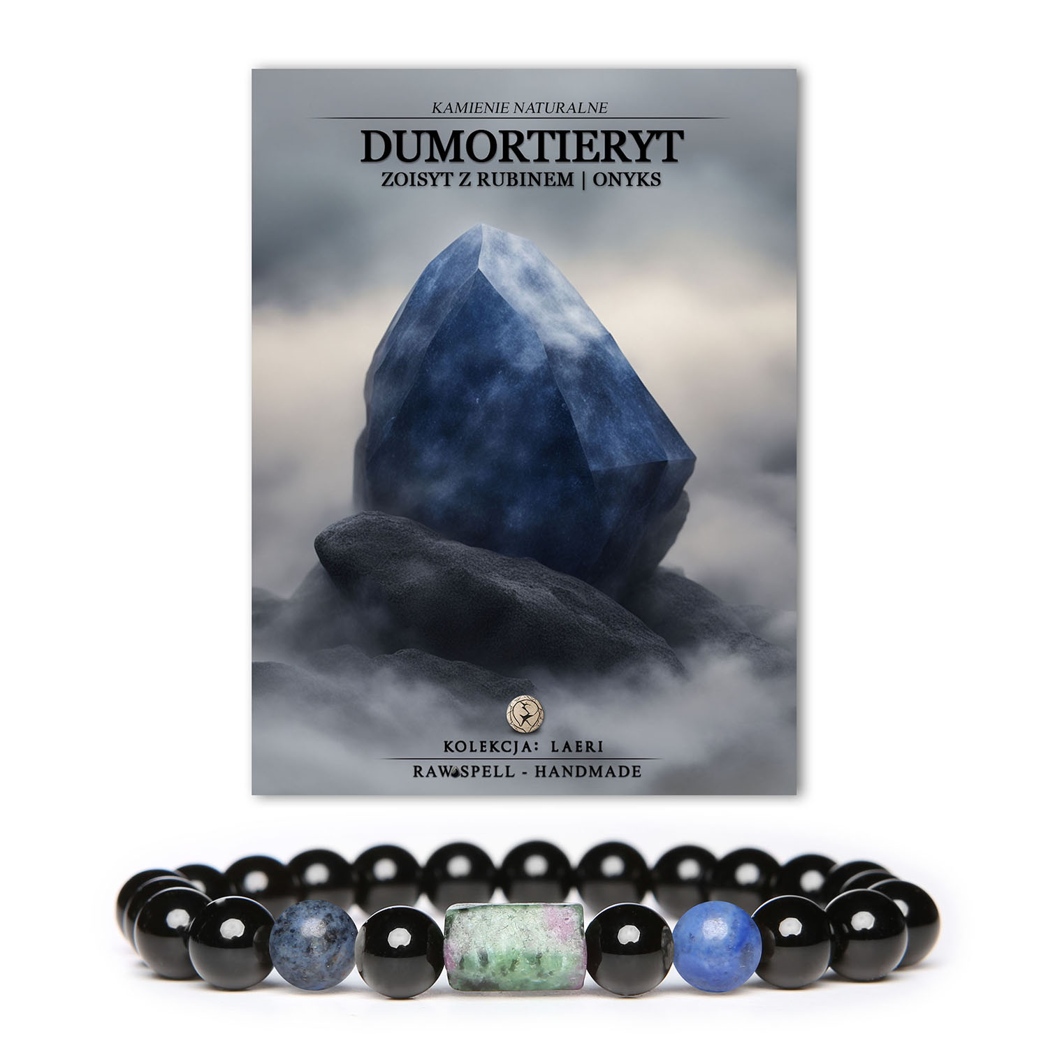 Stylowa bransoletka Laeri z dumortierytem oraz zoisytami z rubinem i onyksem, doskonała dla obu płci.