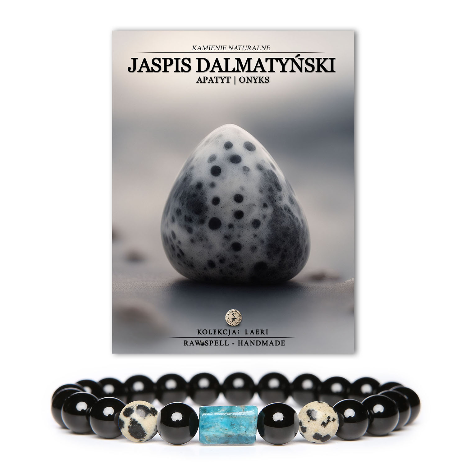 Stylowa bransoletka Laeri wykonana z jaspisu dalmatyńskiego, apatytu i onyksu, przeznaczona zarówno dla kobiet, jak i mężczyzn.