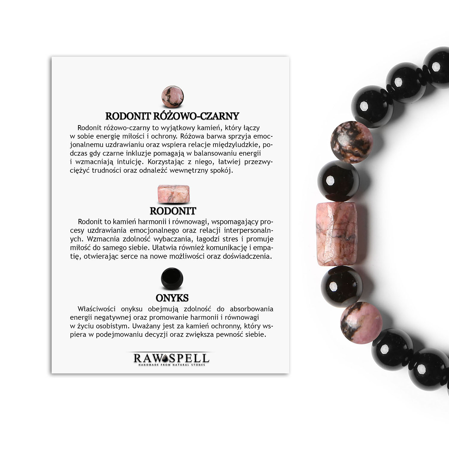 Kolekcjonerska bransoletka z rodonitem w różowym kolorze i onyksami z serii Laeri, uniwersalna biżuteria dla par Unikalna bransoletka z kolekcji Laeri, składająca się z różowego rodonitu oraz onyksu, przeznaczona dla fanów stylowych dodatków.