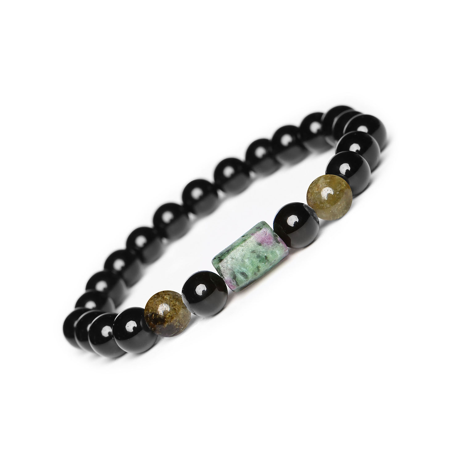 Kolorowa bransoletka na gumce z kolekcji Laeri w granatowym zielonym odcieniu, z dodatkiem zoisytu z rubinem i onyksem, dla kobiet i Bransoletka z kolekcji Laeri, wykonana z naturalnych kamieni: granatu zielonego, zoisytu z rubinem i onyksem. Idealna dla kobiet i mężczyzn.