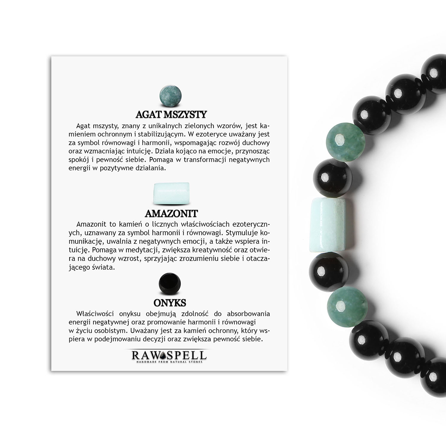 Laeri Bransoletka Agat Mszysty Amazonit Onyks - nowoczesny i elegancki dodatek Bransoletka Laeri z naturalnych kamieni - Agat Mszysty, Amazonit i Onyks, przeznaczona dla kobiet i mężczyzn, łącząca elegancję z naturą.