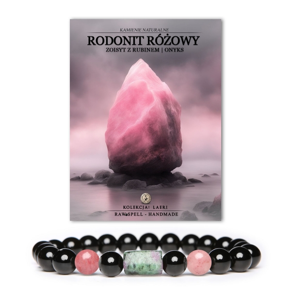 Bransoletka Laeri na gumce dla kobiet i mężczyzn, wykonana z różowego rodonitu, zoisytu z rubinem oraz onyksu. Idealna na co dzień.