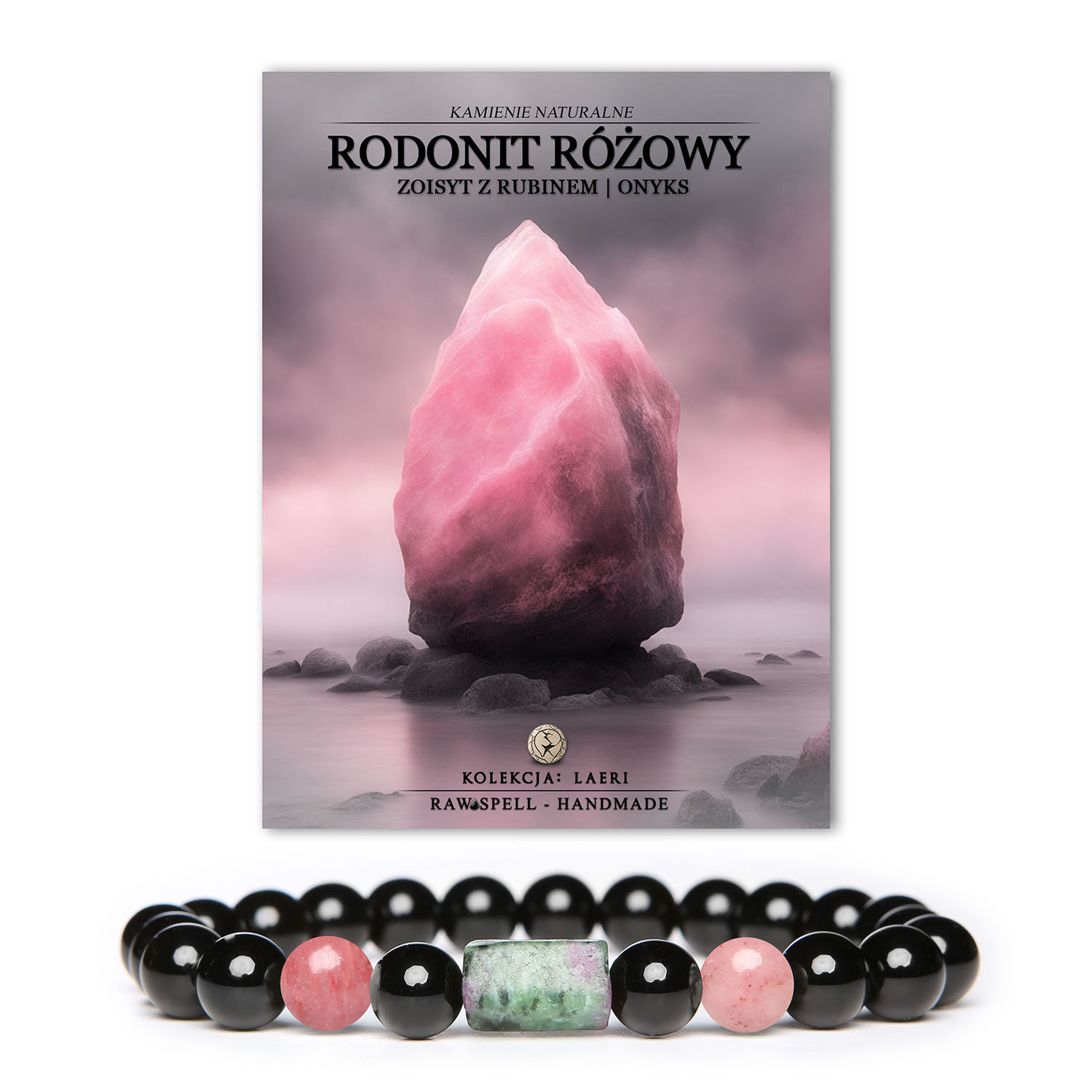 Bransoletka Laeri na gumce dla kobiet i mężczyzn, wykonana z różowego rodonitu, zoisytu z rubinem oraz onyksu. Idealna na co dzień.