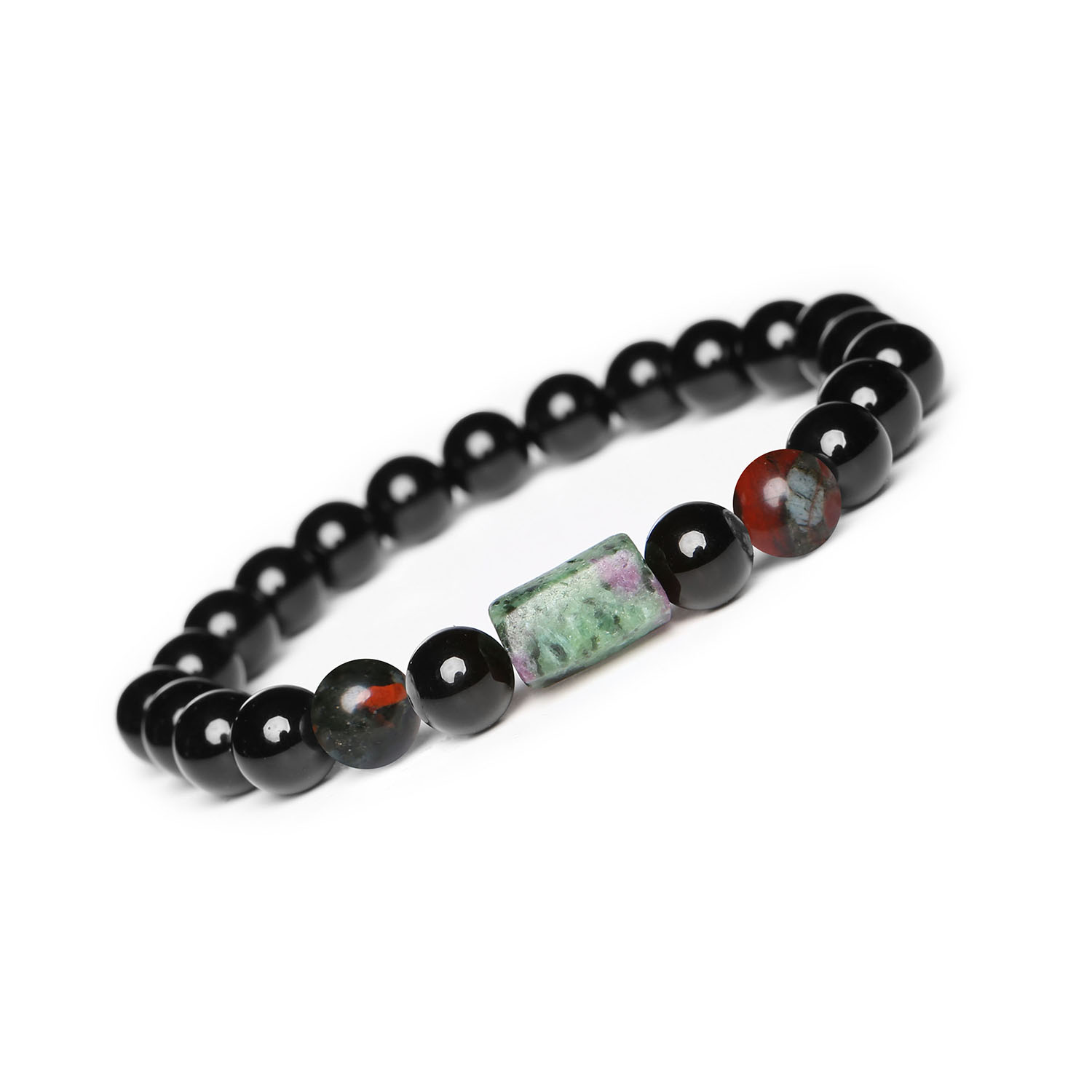 Laeri Bransoletka na gumce Heliotrop, Zoisyt z Rubinem i Onyks, unisex Bransoletka Laeri z naturalnych kamieni: heliotrop, zoisyt z rubinem i onyx, idealna dla kobiet i mężczyzn.