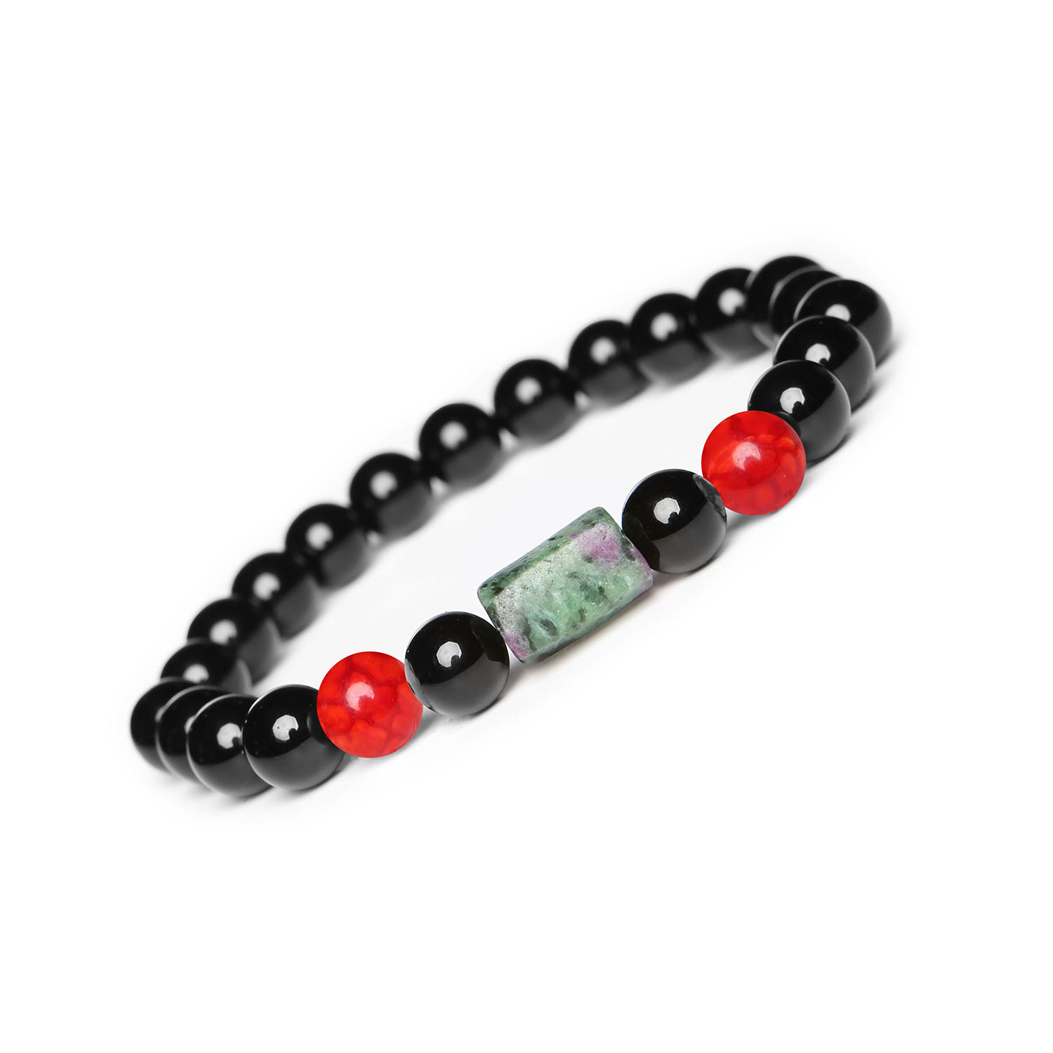 Laeri Bransoletka na gumce z Agatem Czerwonym Crackle oraz Zoisyt z Rubinem i Onyks, idealna dla kobiet i mężczyzn Bransoletka Laeri z naturalnymi kamieniami: czerwony agat crackle, zoisyt z rubinem i onyks, idealna dla kobiet i mężczyzn.