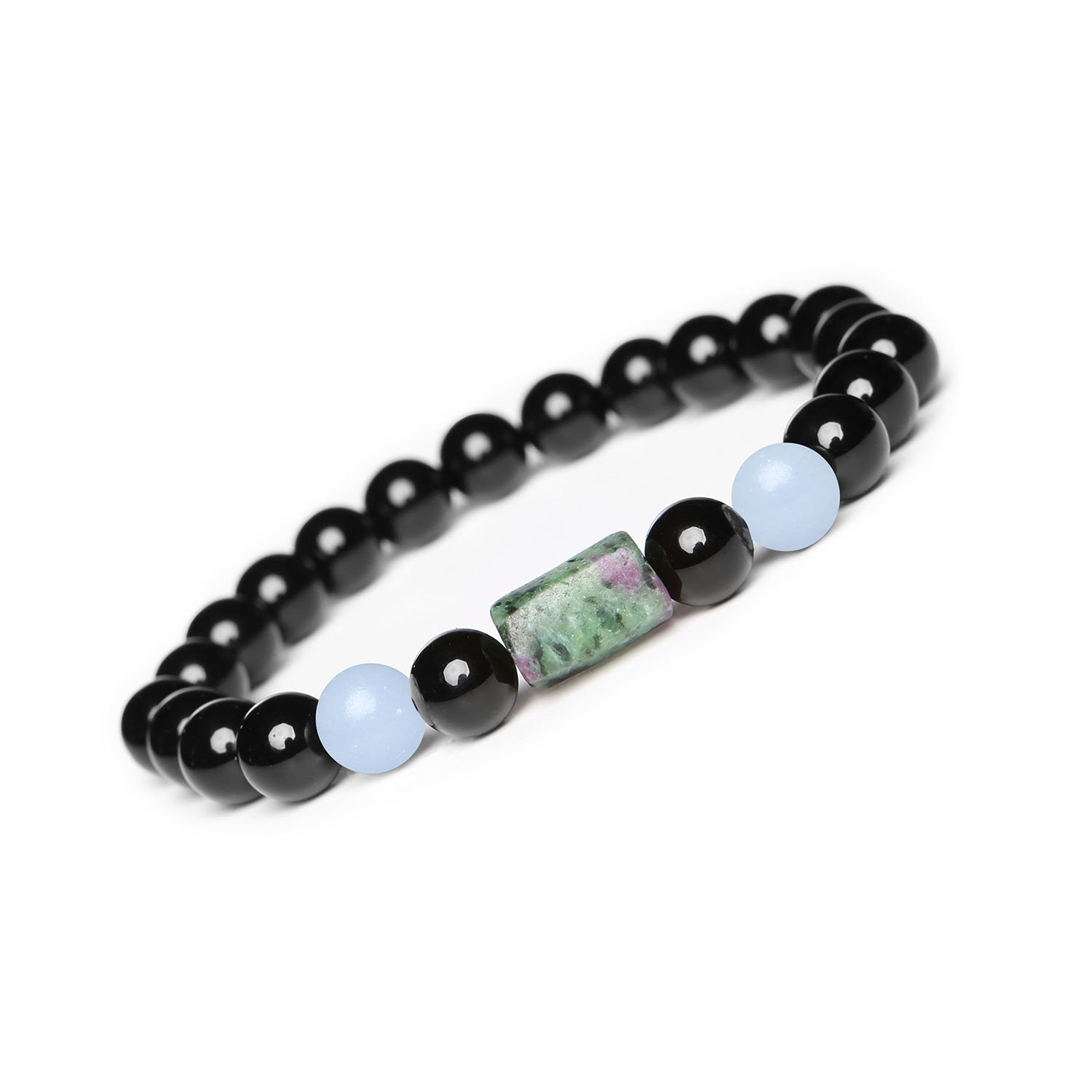 Laeri Bransoletka na gumce z Angelitem, Zoisyt z Rubinem oraz Onyksami dla wszystkich Bransoletka Laeri na gumce z naturalnymi kamieniami: Angelit z Peru, Zoisyt z Rubinem i Onyks, idealna dla kobiet i mężczyzn.