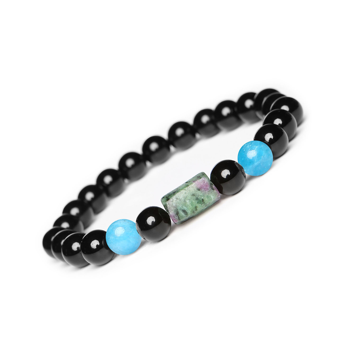 Laeri Bransoletka na gumce z Apatytem, Zoisytem z Rubinem i Onyksami dla Kobiet i Mężczyzn Bransoletka Laeri z kamieniami naturalnymi: apatyt, zoisyt z rubinem i onyks, na gumce, idealna dla kobiet i mężczyzn.