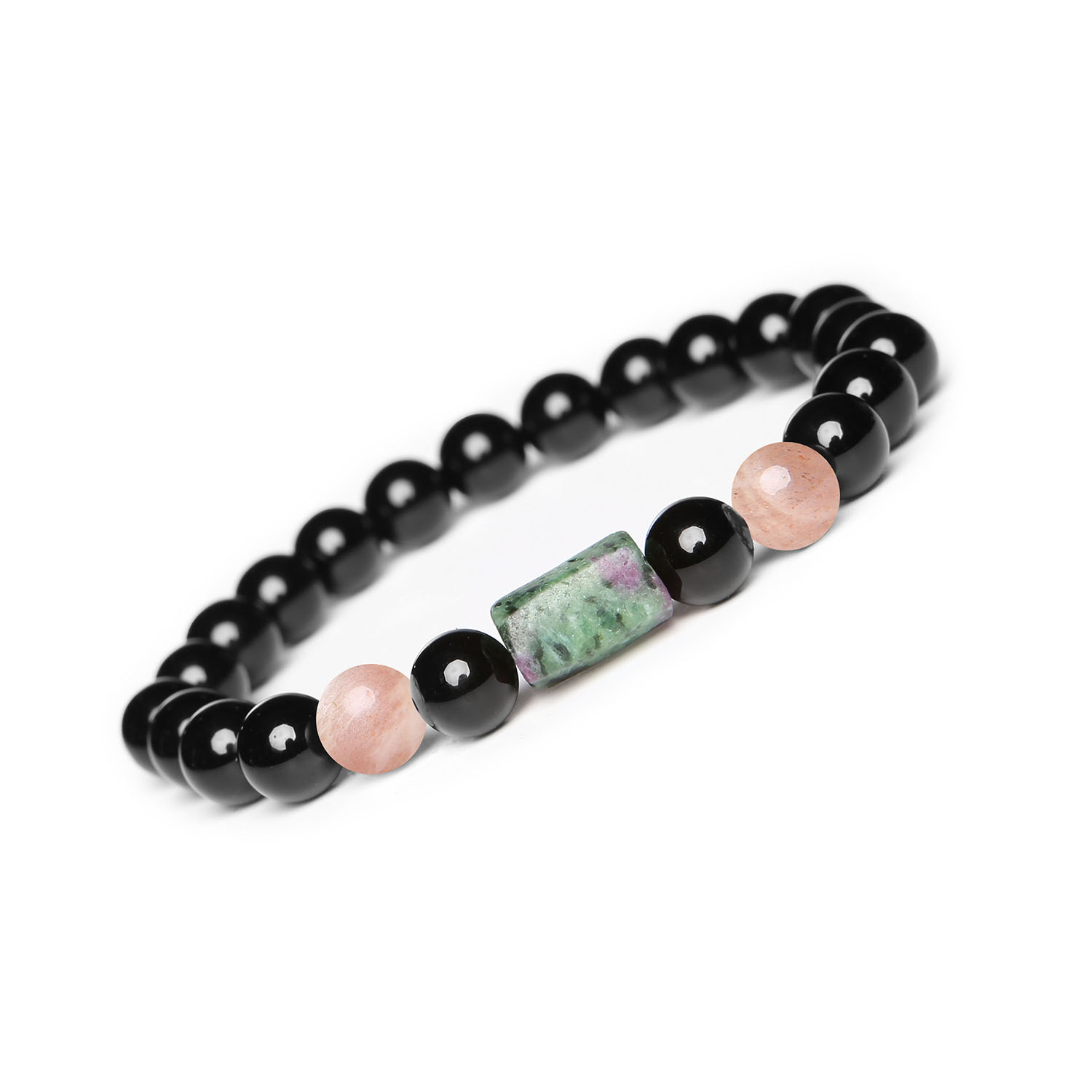 Laeri Bransoletka na gumce z Kamieniem Słonecznym, Zoisyt z Rubinem oraz Onyks, dla każdego Stylowa bransoletka na gumce z serii Dla Kobiet i Mężczyzn, ozdobiona Kamieniem Słonecznym, Zoisytem z Rubinem i Onyksu.