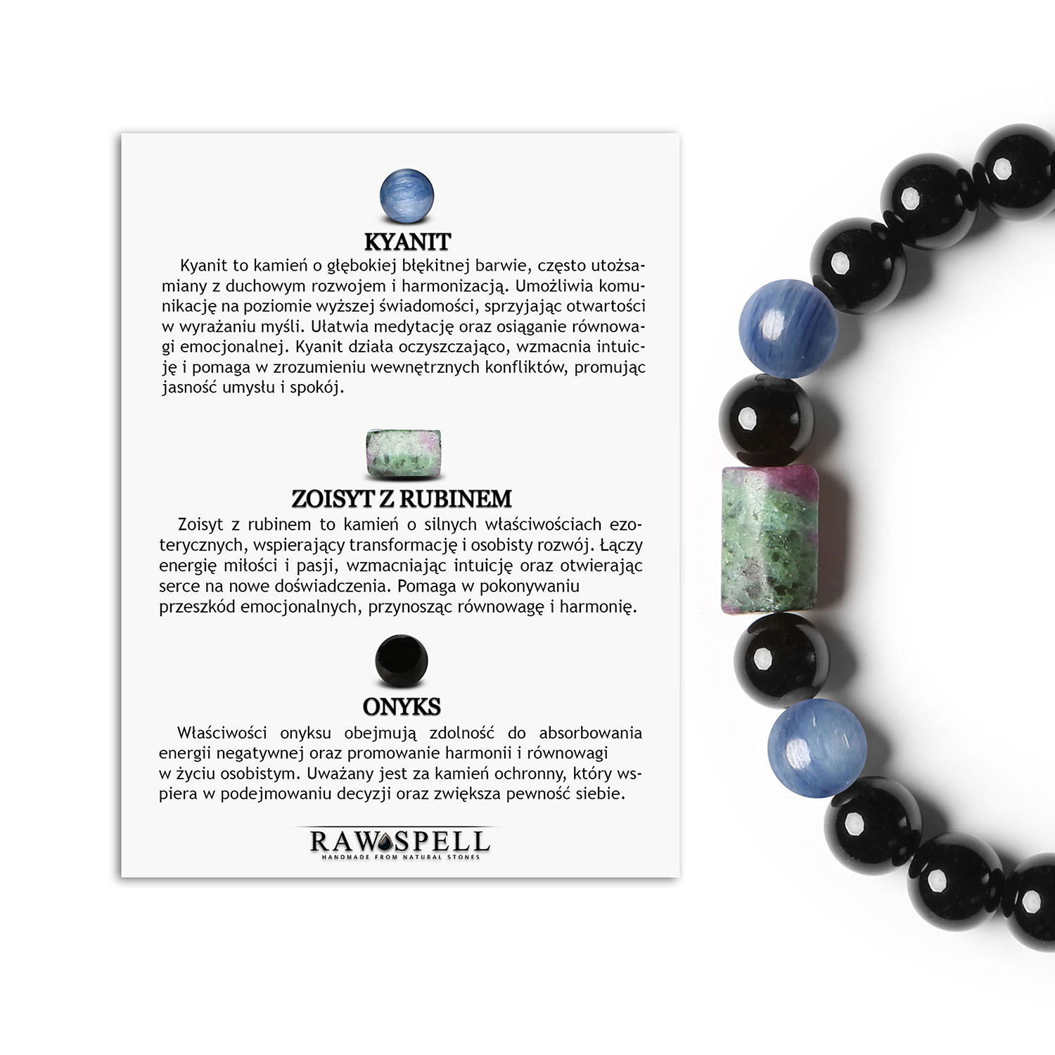 Laeri Bransoletka na gumce z Kyanitem, Zoisyt z Rubinem i Onyks w uniwersalnym stylu Bransoletka z kolekcji Laeri wykonana z naturalnych kamieni: kyanitu, zoisytu z rubinem i onyksu, idealna dla kobiet i mężczyzn.