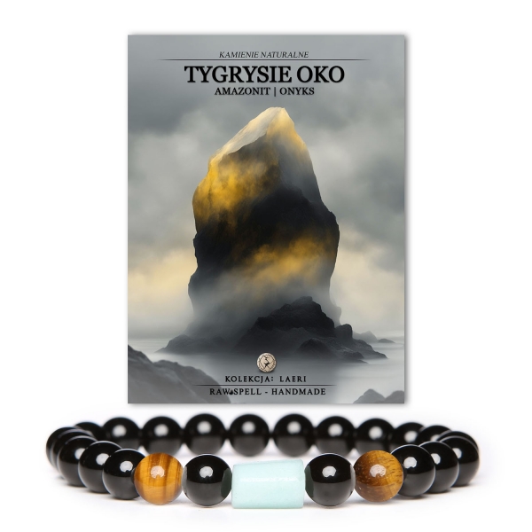 Bransoletka Laeri z naturalnymi kamieniami: Tygrysie Oko, Amazonit i Onyks dla kobiet i mężczyzn.