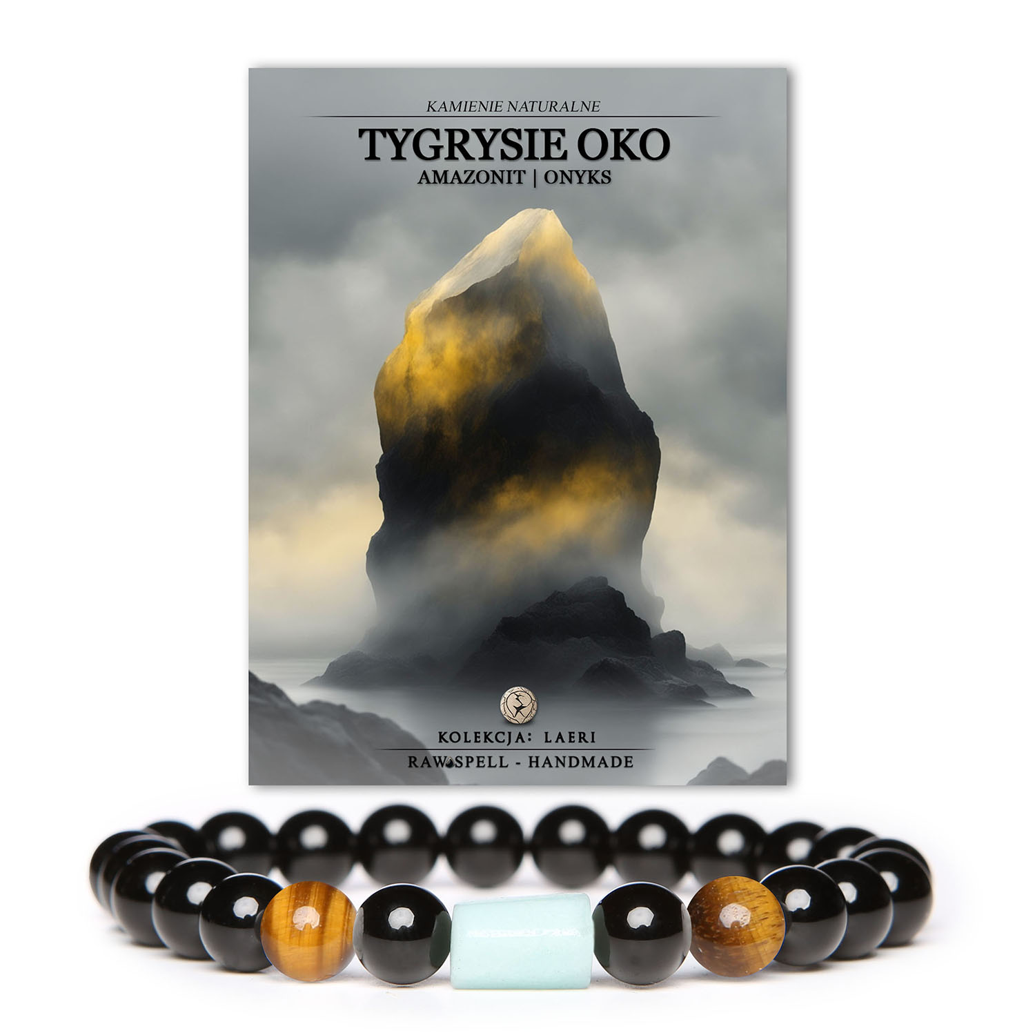 Bransoletka Laeri z naturalnymi kamieniami: Tygrysie Oko, Amazonit i Onyks dla kobiet i mężczyzn.