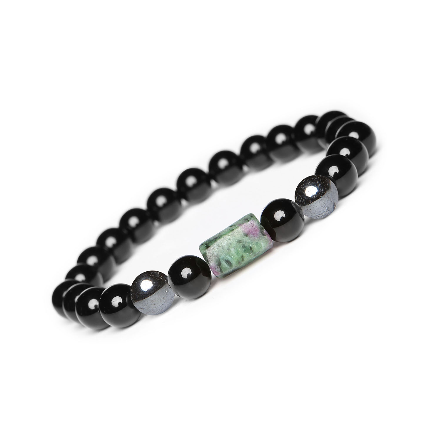 Laeri Bransoletka na gumce z hematytem grafitowym, zoisyt z rubinem oraz onyks dla kobiet i mężczyzn Bransoletka Laeri z kamieniami naturalnymi: Hematytem Grafitowym, Zoisytem z Rubinem i Onyksem, na gumce dla kobiet i mężczyzn