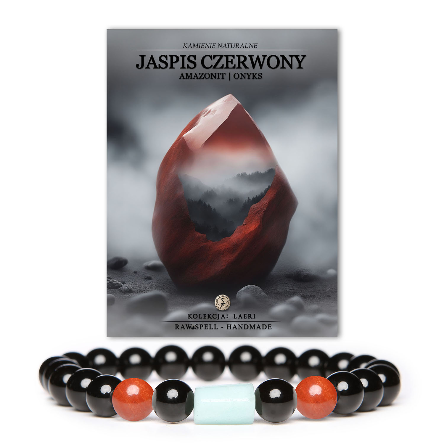 Bransoletka Laeri z kamieniami naturalnymi: jaspis czerwony, amazonit, onyks - doskonały dodatek dla obu płci.