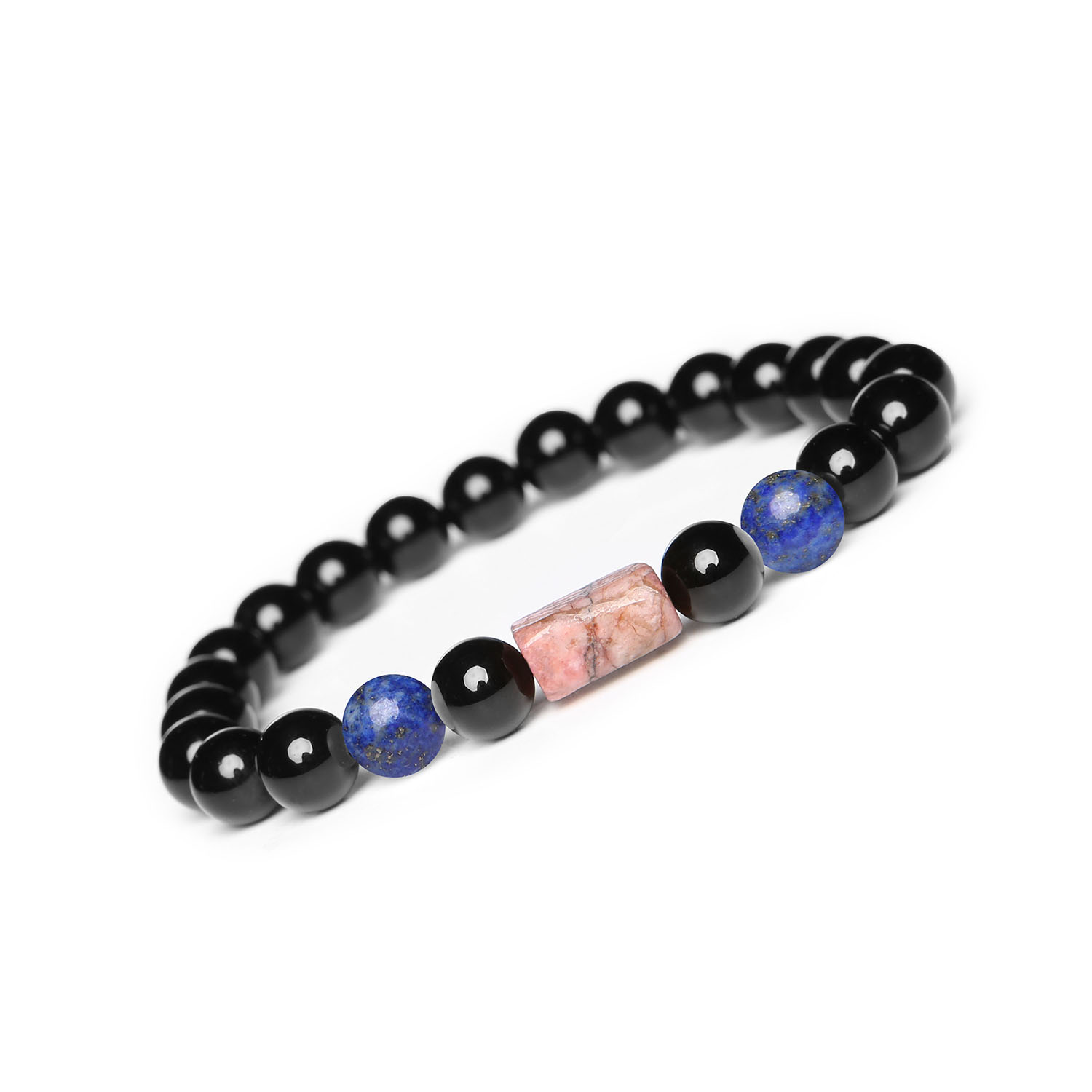 Laeri Bransoletka na sznurku z Lapis Lazuli, różowym rodonitem i onyksami, idealna dla kobiet i mężczyzn Stylowa bransoletka Laeri z kamieniami Lapis Lazuli, Rodonit w różowym kolorze i Onyks – unisex, dla osób ceniących naturalne akcesoria.