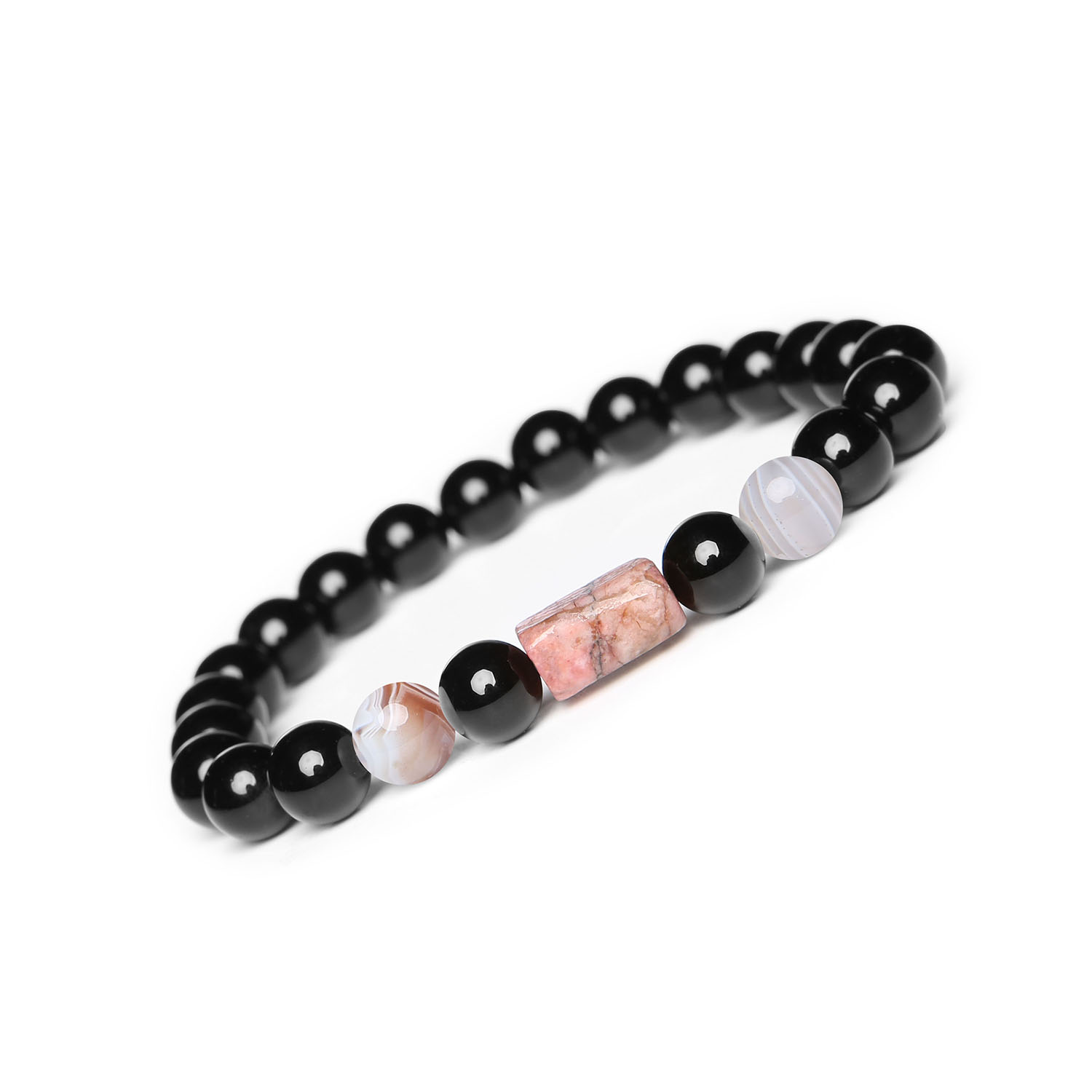 Laeri - Bransoletka sznurkowa z agatem Botswana, rodynitem różowym i onykiem - unikaty dla kobiet i mężczyzn Bransoletka unisex Laeri z naturalnych kamieni, w tym agat Botswana, różowy rodonit oraz onyks, doskonała na każdą okazję.