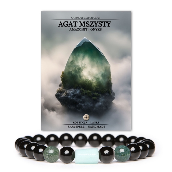 Stylowa bransoletka Laeri wykonana z kamieni naturalnych: Agatu Mszystego, Amazonitu i Onyksu – doskonały dodatek dla kobiet i mężczyzn.
