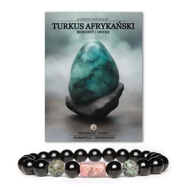 Bransoletka Laeri z naturalnymi kamieniami: turkus afrykański, różowy rodonit i onyks, idealna dla kobiet i mężczyzn.