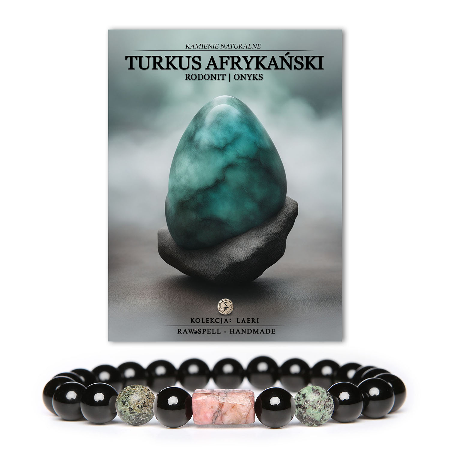 Bransoletka Laeri z naturalnymi kamieniami: turkus afrykański, różowy rodonit i onyks, idealna dla kobiet i mężczyzn.