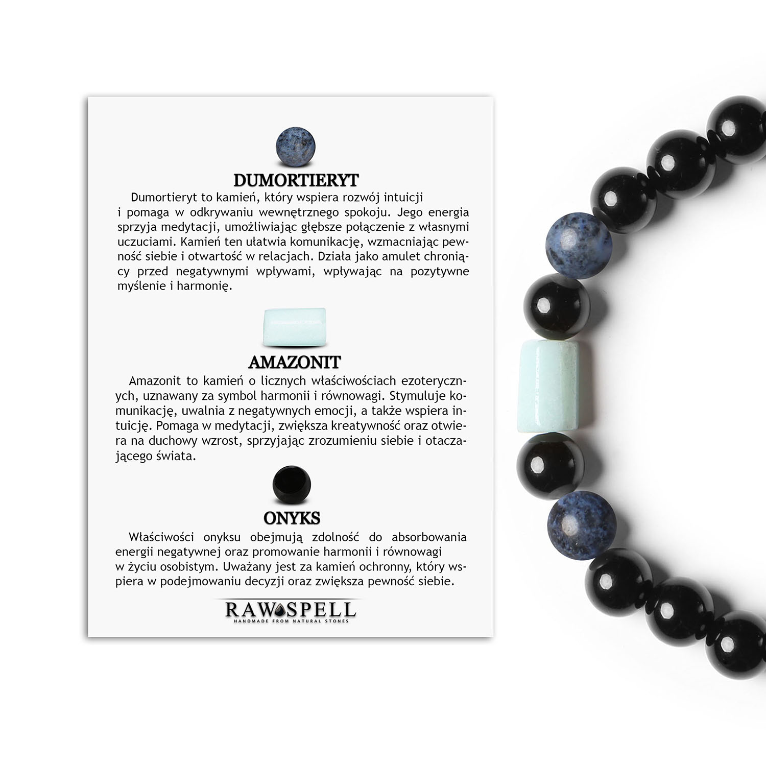 Laeri - bransoletka na gumce wykonana z dumortierytu, amazonitu i onyksewn dla kobiet i mężczyzn Bransoletka z kolekcji Laeri z naturalnymi kamieniami: dumortieryt, amazonit i onyks - idealna dla kobiet i mężczyzn.