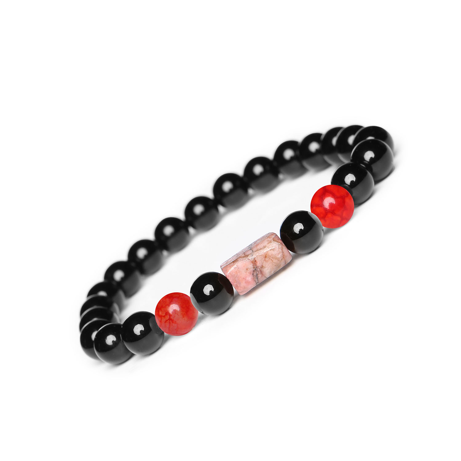 Laeri - bransoletka na gumce z Agatem Czerwonym Crackle, Rodonitem oraz Onyksem, dla każdego Bransoletka Laeri z kamieni naturalnych: Agat Czerwony Crackle, Rodonit i Onyks – elegancki dodatek dla kobiet i mężczyzn.