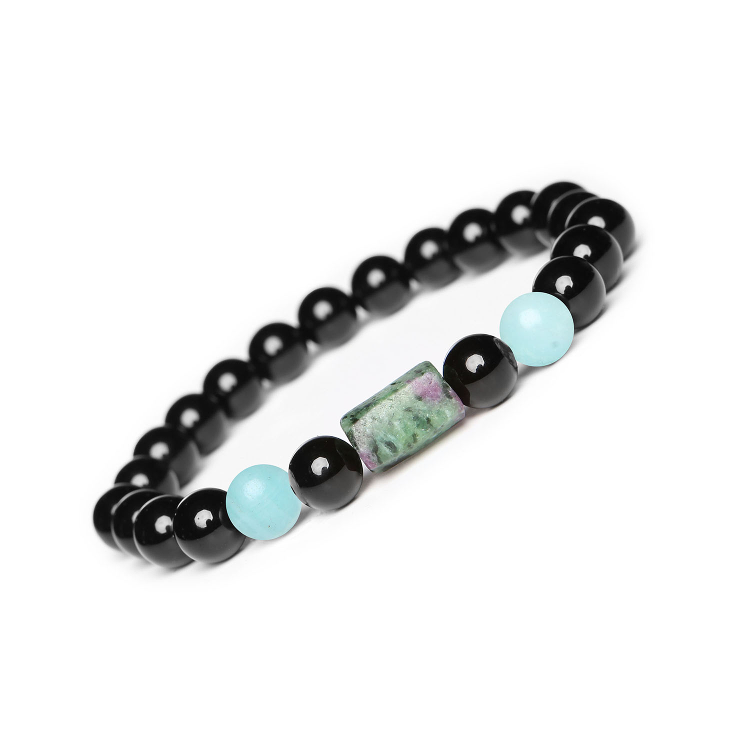 Laeri - bransoletka na gumce z Amazonitem, Zoisite z Rubinem i Onyksu, idealna dla kobiet i mężczyzn Elegancka bransoletka z kolekcji Laeri na gumce, stworzona z jasnego amazonitu, zoisytu z rubinem oraz onyksu - idealny dodatek dla każdego.