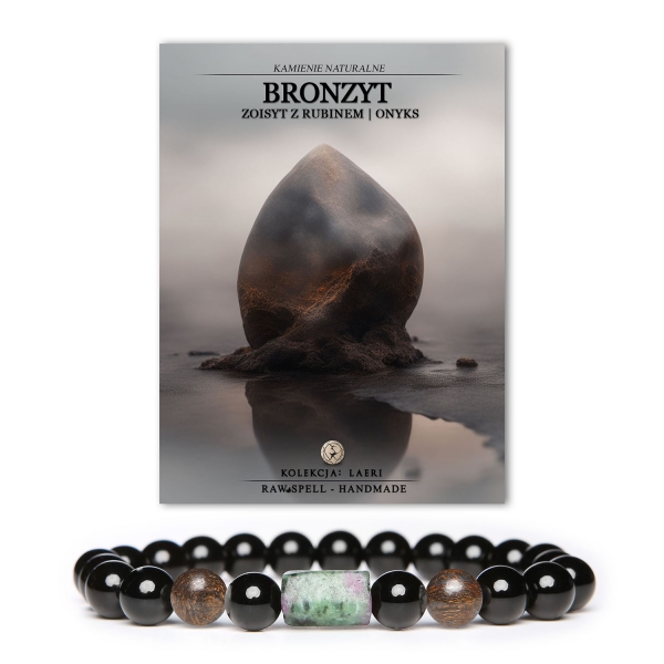 Bransoletka Laeri na gumce dla kobiet i mężczyzn z naturalnymi kamieniami: bronzyt, zoisyt z rubinem i onyks.