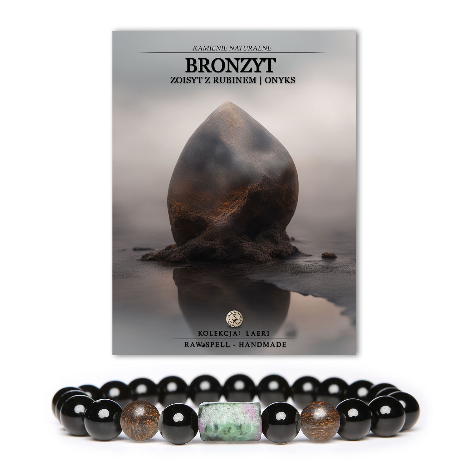 Bransoletka Laeri na gumce dla kobiet i mężczyzn z naturalnymi kamieniami: bronzyt, zoisyt z rubinem i onyks.
