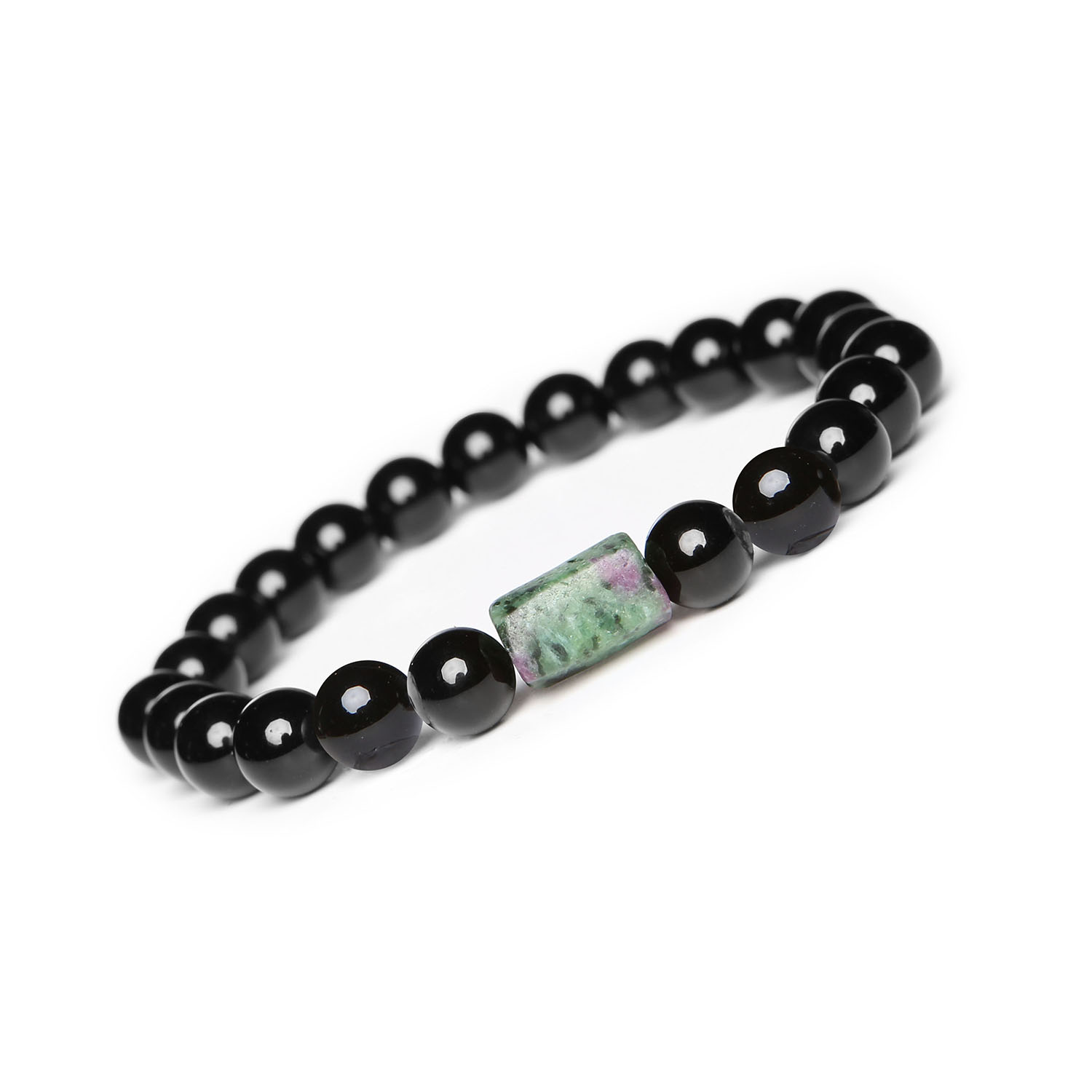 Laeri bransoletka na gumce z Onyksu i Zoisyt z Rubinem, uniwersalna dla każdego Stylowa bransoletka z kolekcji Dla Kobiet i Mężczyzn, wykonana z naturalnych kamieni onyksu i zoisytu z rubinem, elastyczna dzięki gumowemu zapięciu.