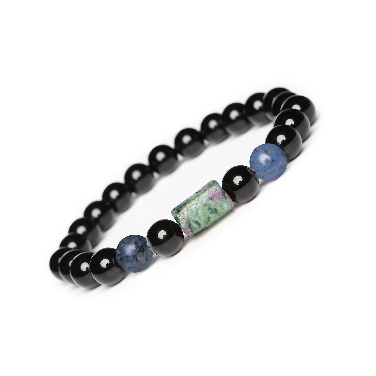 Laeri bransoletka na gumce z dumortierytem oraz zoisyt z rubinem i onyksem, idealna dla kobiet i mężczyzn Bransoletka Laeri z naturalnymi kamieniami: dumortieryt, zoisyt z rubinem i onyksem, idealna dla kobiet i mężczyzn.