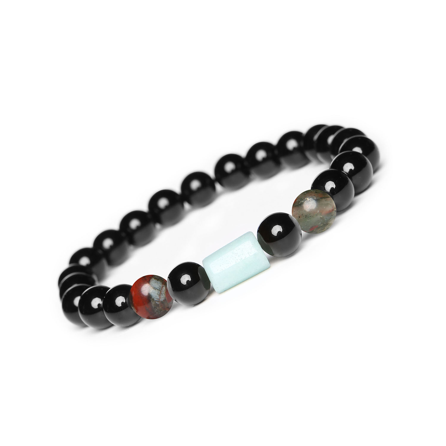 Laeri - bransoletka na gumce z heliotropem, amazonitem i onyksem, idealna dla każdego Bransoletka Laeri z naturalnymi kamieniami: heliotrop, amazonit i onyks, idealna dla kobiet i mężczyzn.