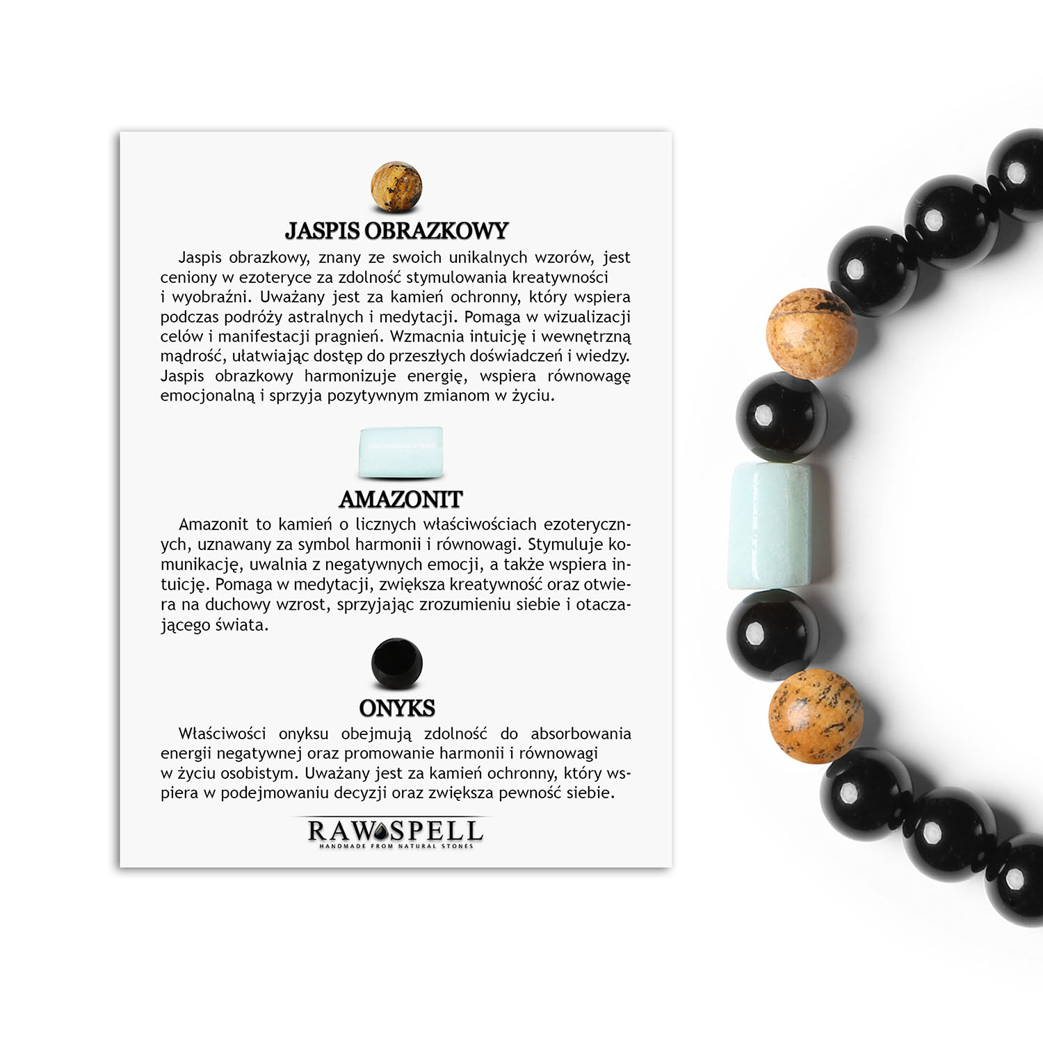 Laeri - bransoletka na gumce z jaspisem obrazkowym, amazonitem i onyksu dedykowana kobietom i mężczyznom Bransoletka Laeri z naturalnymi kamieniami: jaspis obrazkowy, amazonit i onyks. Idealna dla kobiet i mężczyzn.